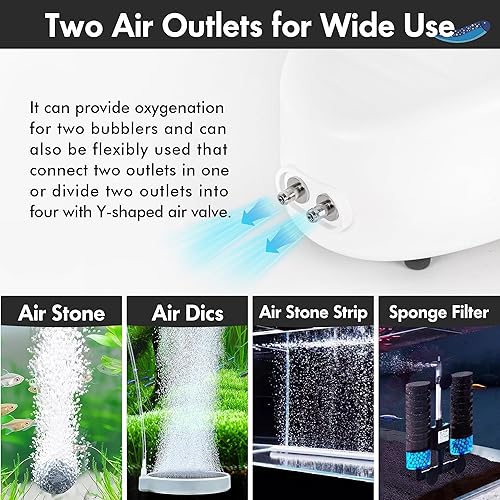 Miniatura 6 de Orlushy Silent Aquarium Air Pump, Dual Outlet Adjustable Oxygen Aerator with 2 Air Stones Airline Tubing Check Valves for up to 600 Gallon Fish