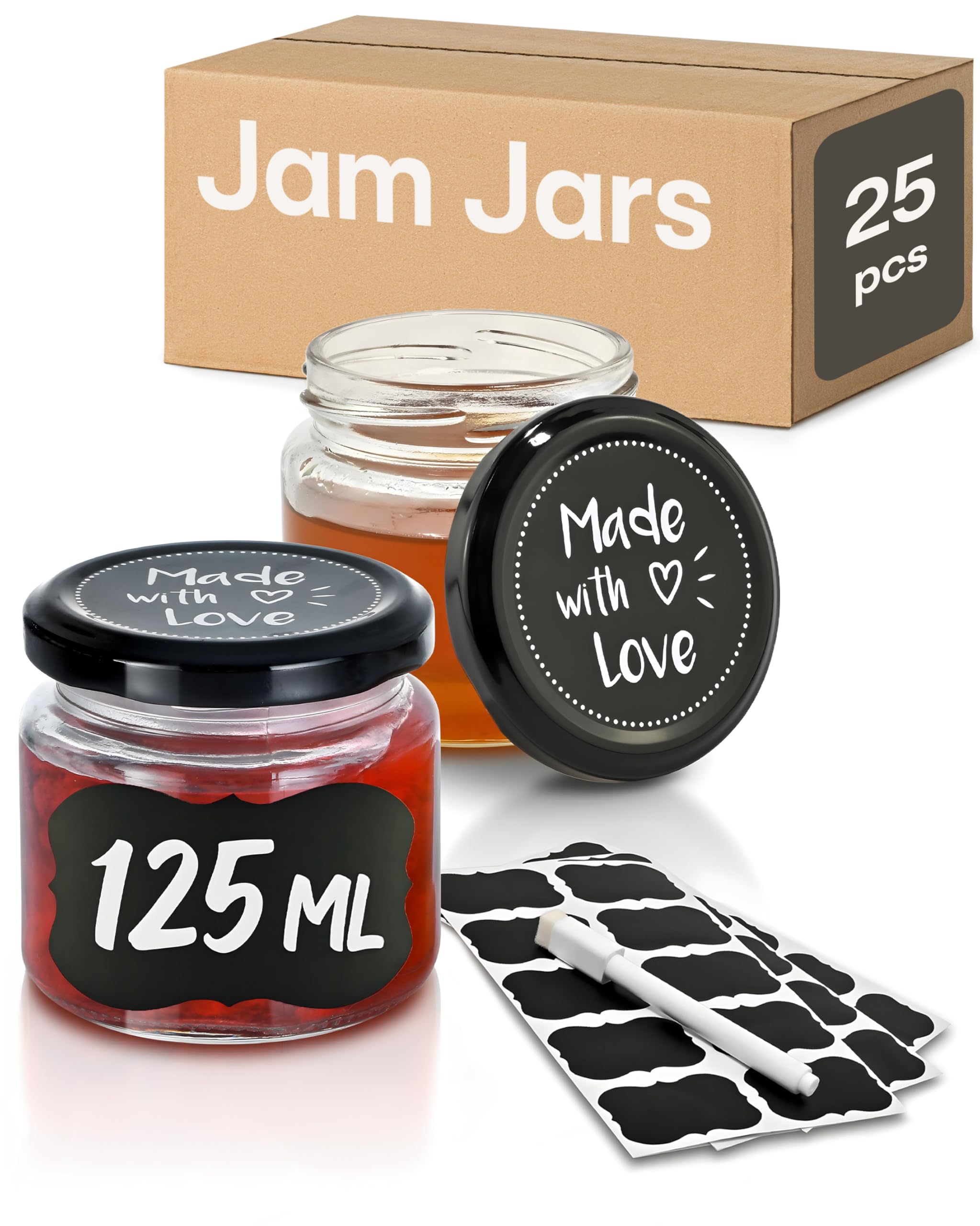 Praknu Jam Jars with Lids 125ml/4.40oz - 25 Small Glass Preserve Pots with Labels and Pen - Airtight Jars - Dishwasher Safe - Homemade & Marmalade Jam - Ideal for Gift Giving