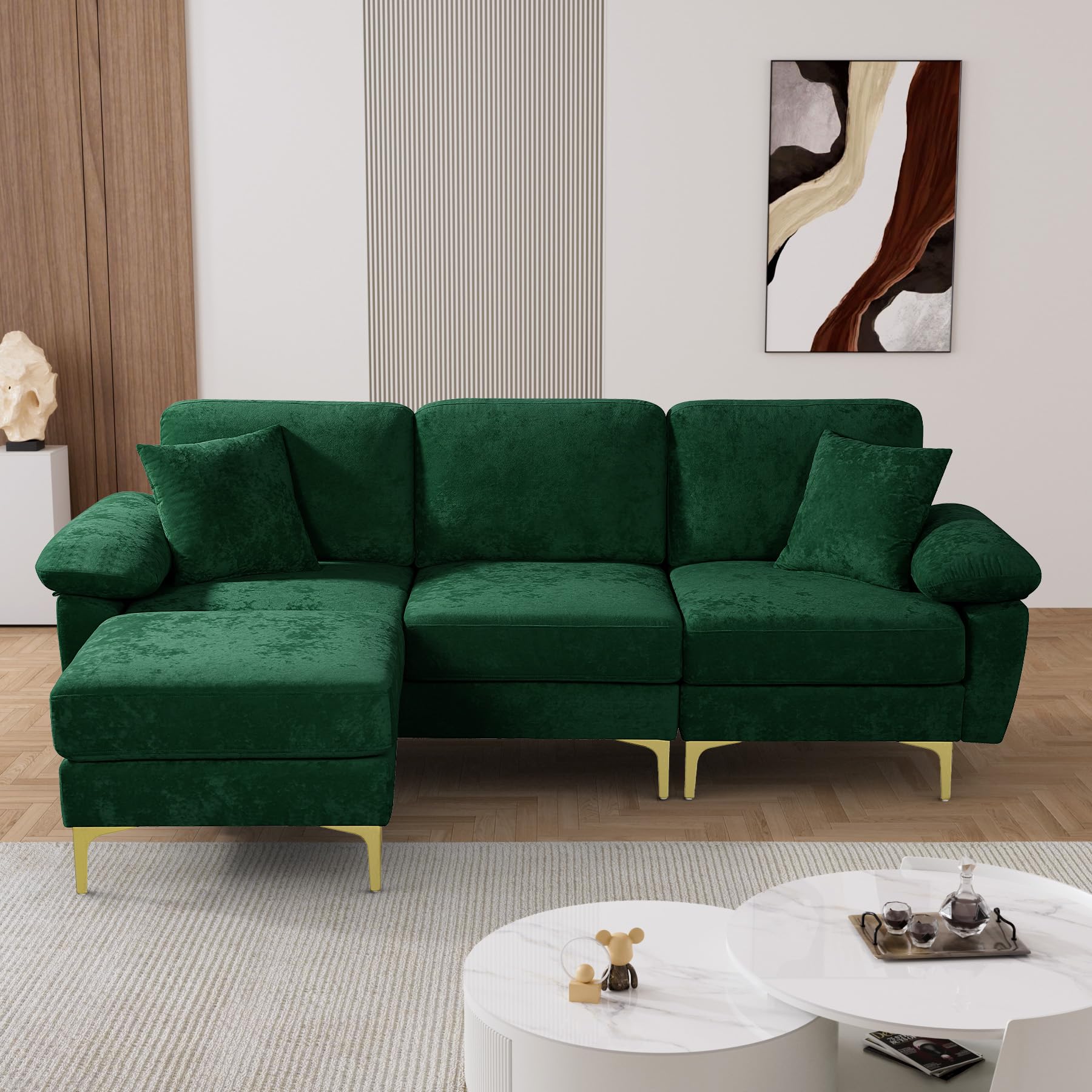 OUYESSIR L Shaped Sectional Sofa Couch, 3 Seat Velvet Sofa with Ottoman and Pillows, Upholstered Comfy Couch Sleeper for Living Room, Bedroom, 91 inches (Green)
