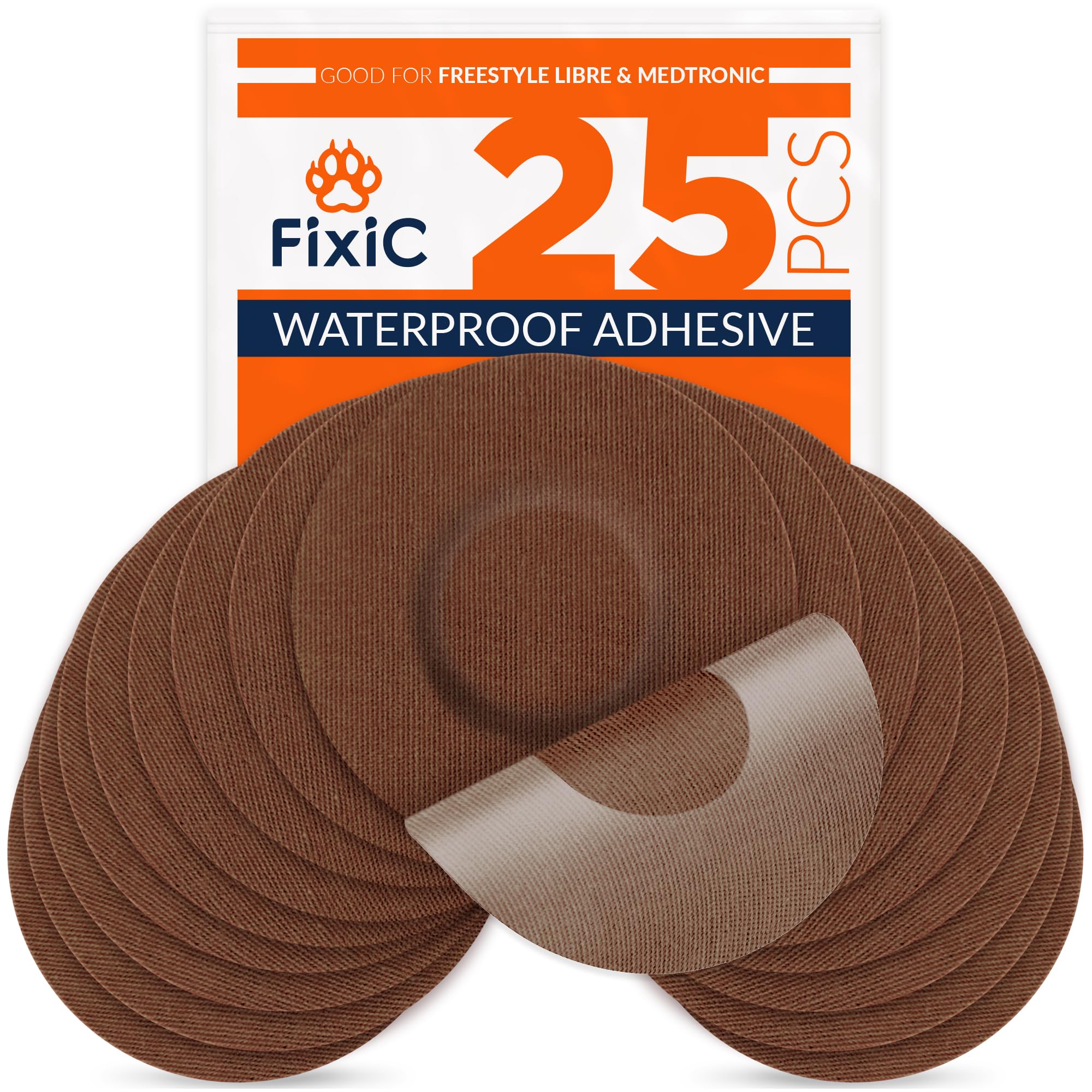 FixicFreestyle Adhesive Patch 25 PCS – Good for Libre 1, 2, 3 & Plus – Enlite – Guardian – NO Glue in The Center of The Patch – Pre-Cut Back Paper – Long Fixation for Your Sensor! (Coffee)