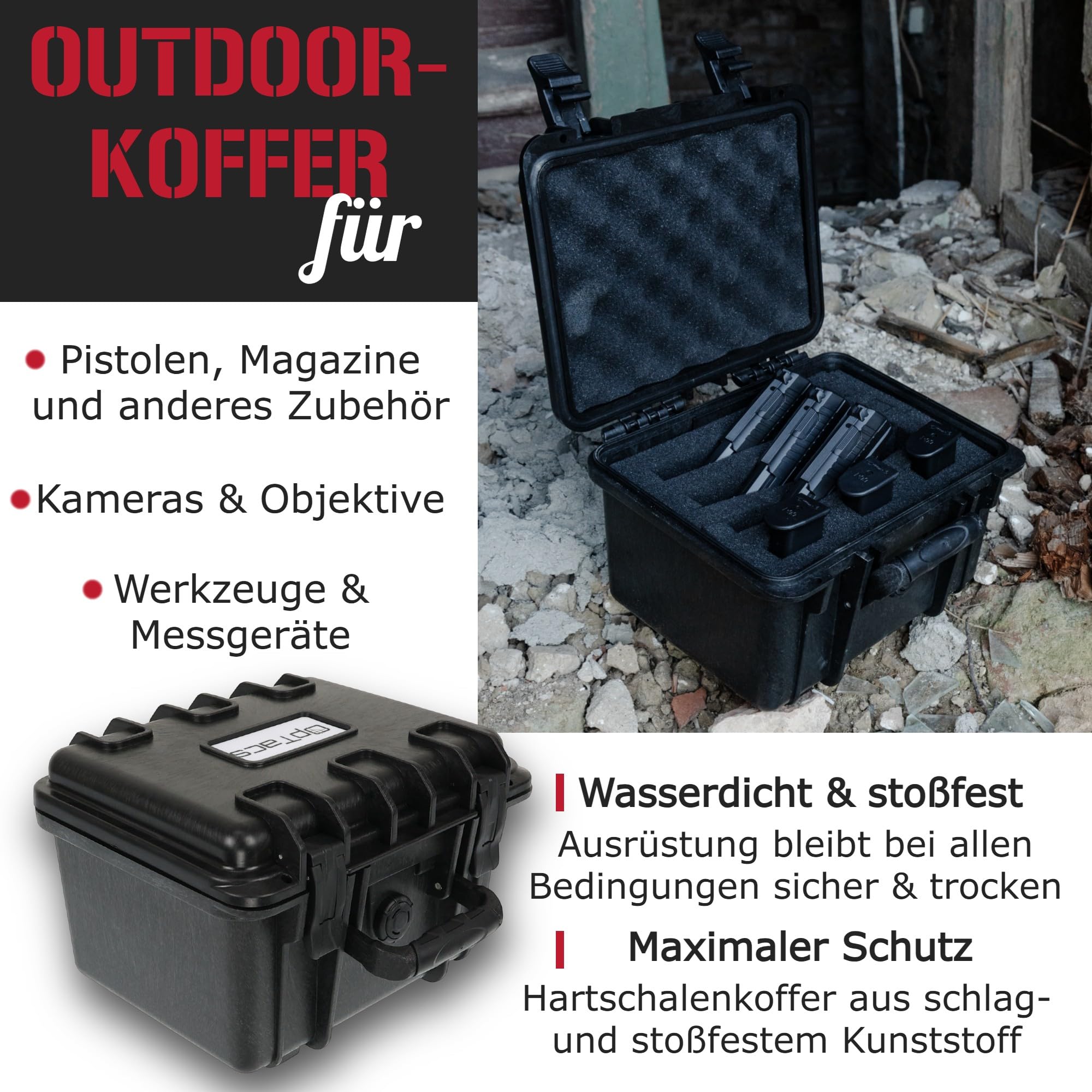 OpTacs Waffenkoffer Pistolenkoffer für Kurzwaffen mit Rasterschaumstoff abschließbar - Airsoft Pistole Gun Case 27x23x18cm wasserdicht für Waffen und Zubehör