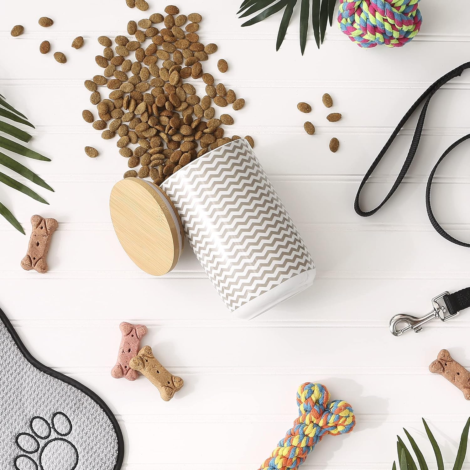 Stone Chevron Ceramic Pet Treat Canister with Bamboo Lid