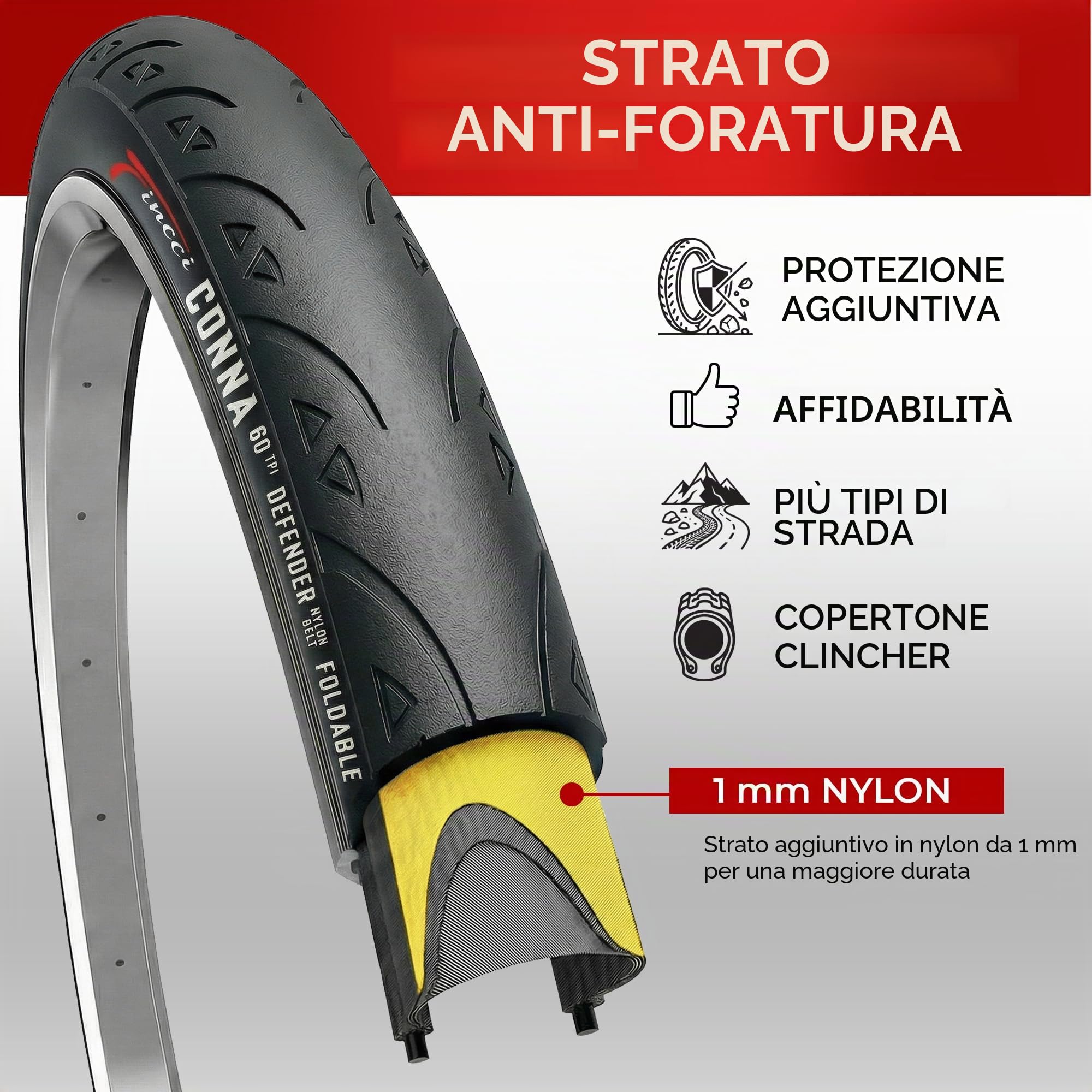 Fincci Copertoni Bici Corsa 700x25c - Set Coppia Pieghevole Pneumatici Bici 28, e 2x camera d'aria 700x25, Gomme con Anti-puntura Antiforatura da 1mm - per Sport Strada Ciclo Bici - Confezione da 2