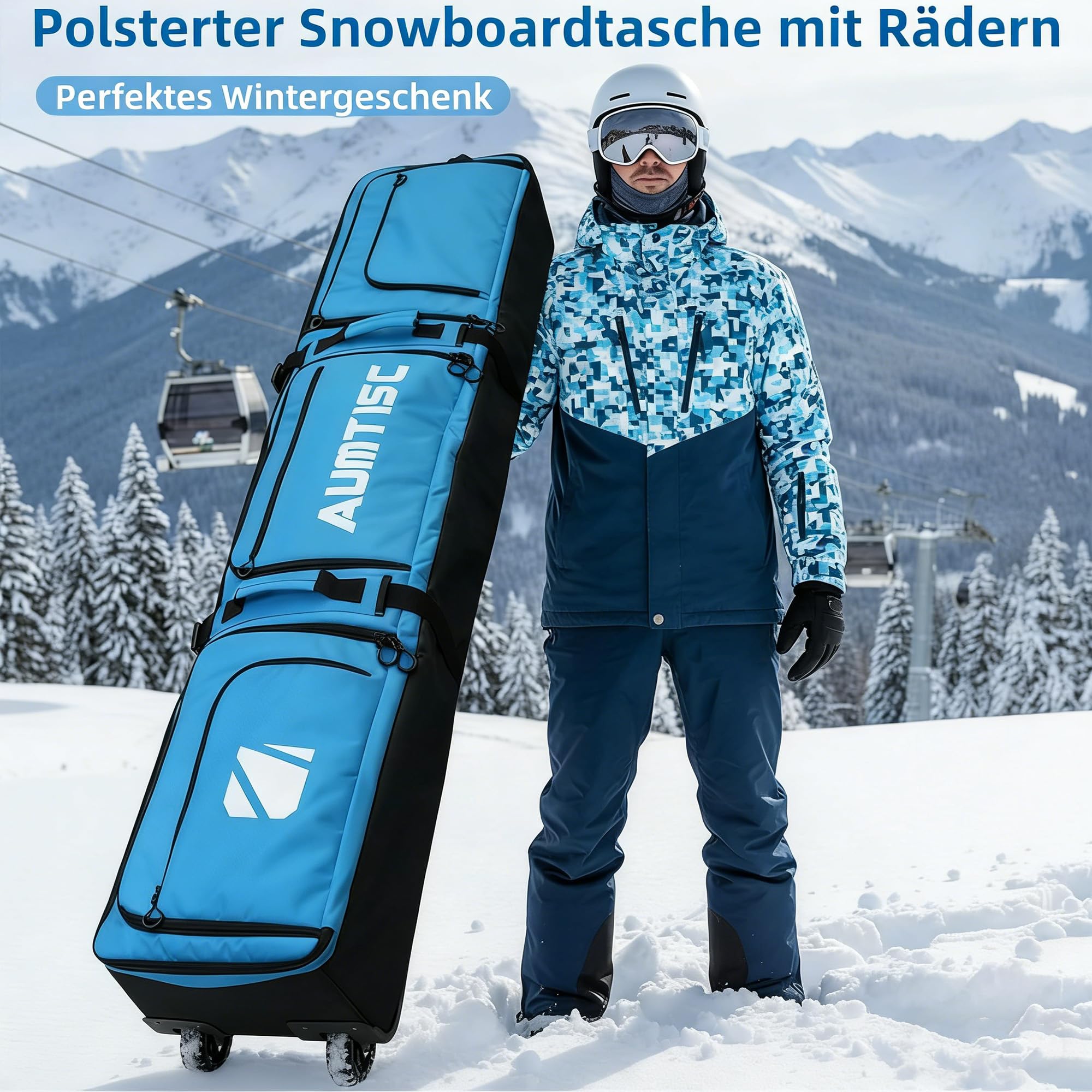 AUMTISC Torba snowboardowa z kółkami, wyściełana torba narciarska do podróży samolotem, pomieści narty do 200 cm