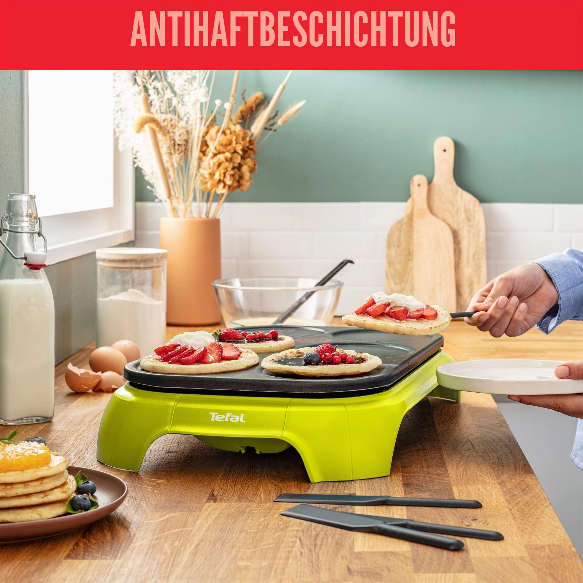 Tefal PY5593 Crep'Party Colormania Crêpemaker | Platte mit 6 Crêpe-Mulden | Thermo-Spot-Temperaturindikator | inkl. 6 Spatel und eine Kelle | Gelb/Schwarz