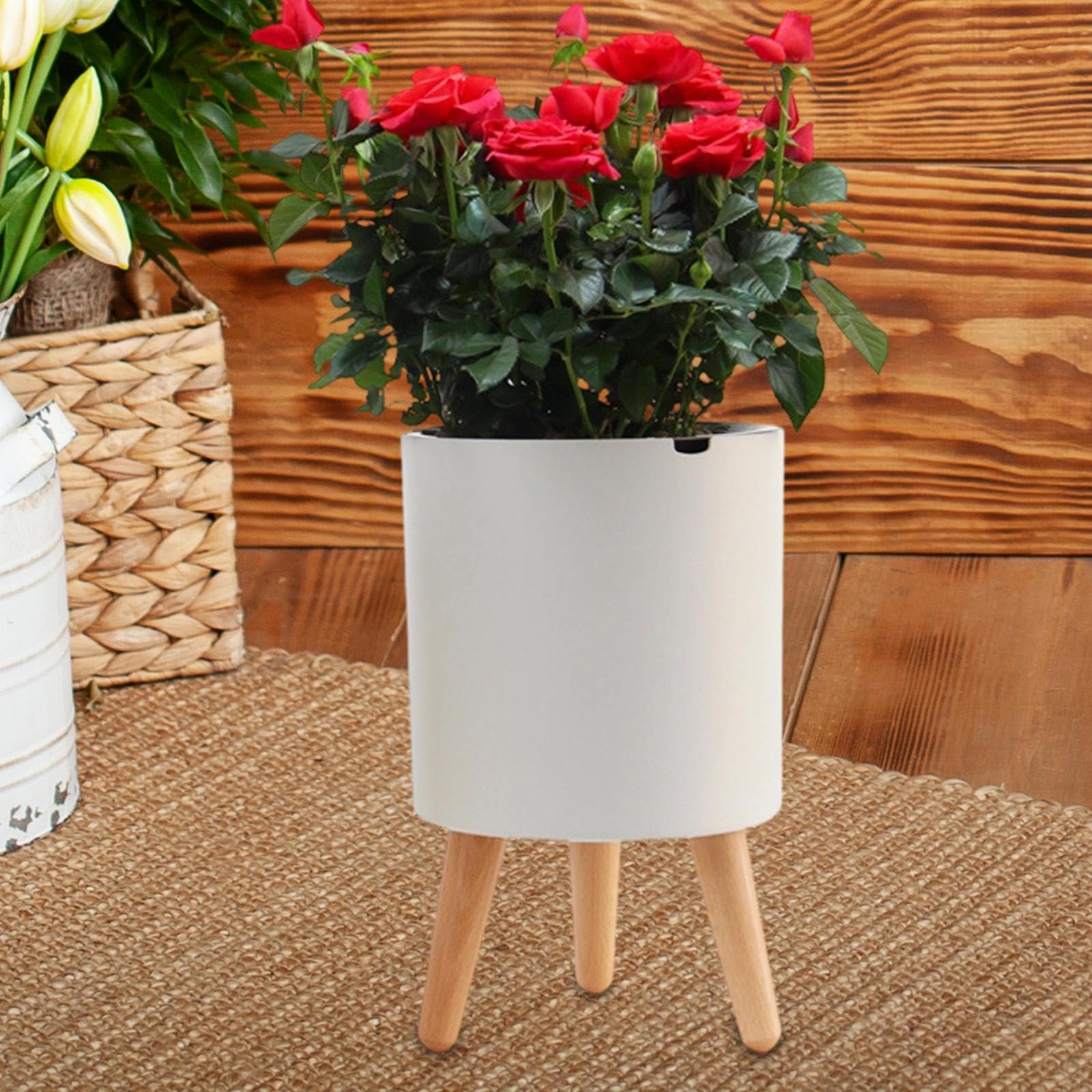 Vaso da Fiori Autoportante con Gambe in Legno E Indicatore di Livello dell'Acqua Basso, Fioriera Decorativa in Resina, Adatta per Casa, Ufficio, B, Bianco