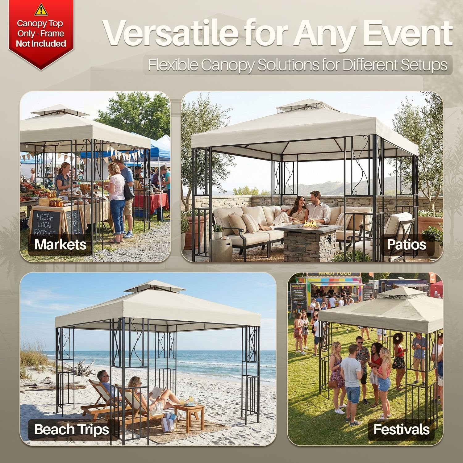 Flexzion Housse de Rechange pour tonnelle de 2,4 x 2,4 m – Résistante à l'eau – UV30+ – Résistante à l'eau – pour extérieur, Pare-Soleil, Jardin, terrasse, pavillon (Ivoire)