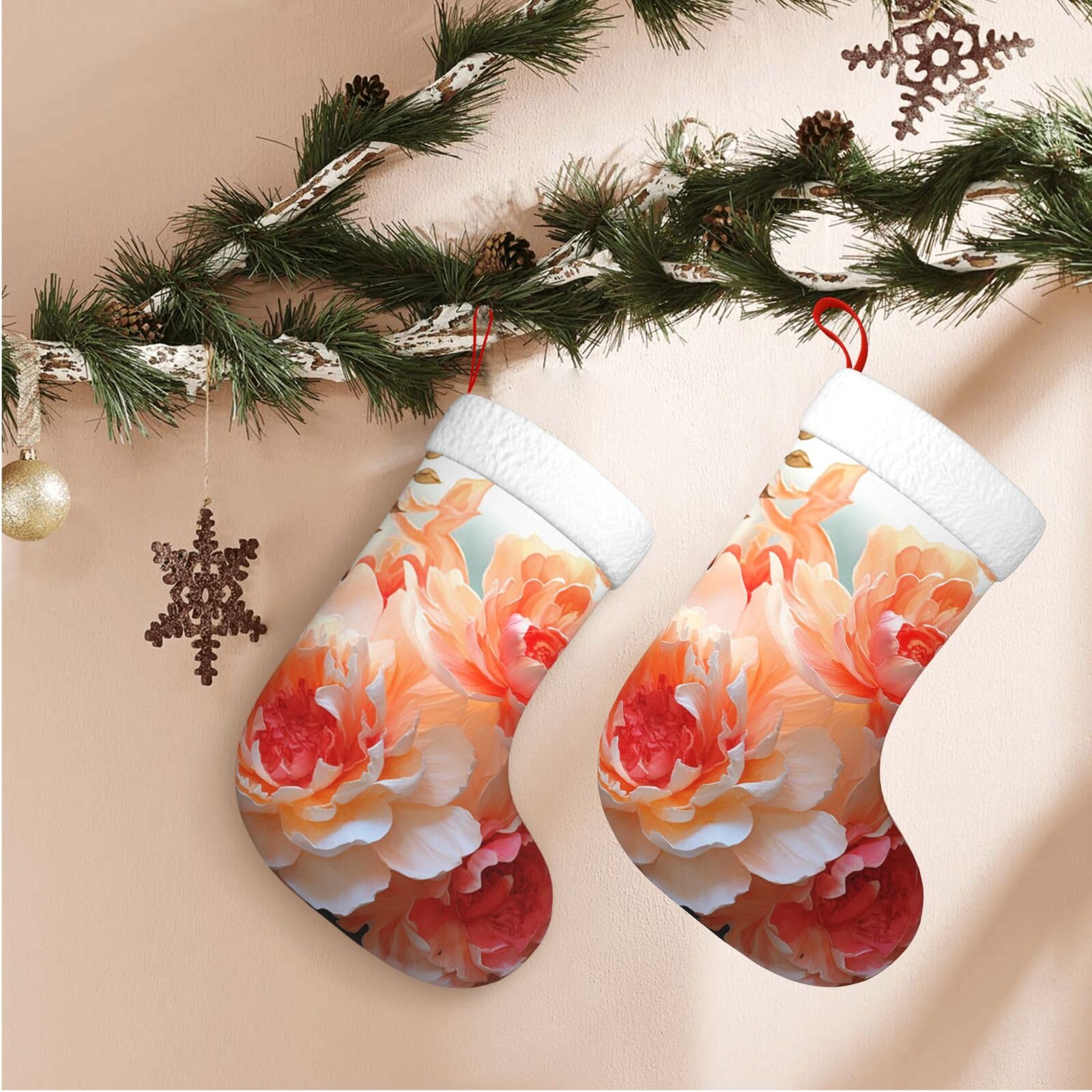17.7" Christmas Stocking 1 Piece, Peach Peony Xmas Stockings with White Plush Cuff Fireplace Hanging Stocking for Christmas Holiday Party Decoration