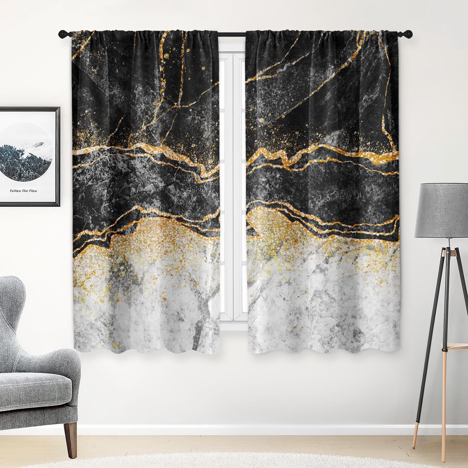 Arttown Vintage Black Gold Silver Marble Kitchen Curtains, Abstract Short Window Drapes Set of 2, Window Treatment Tier for Kitchen Over Sink Bathroom