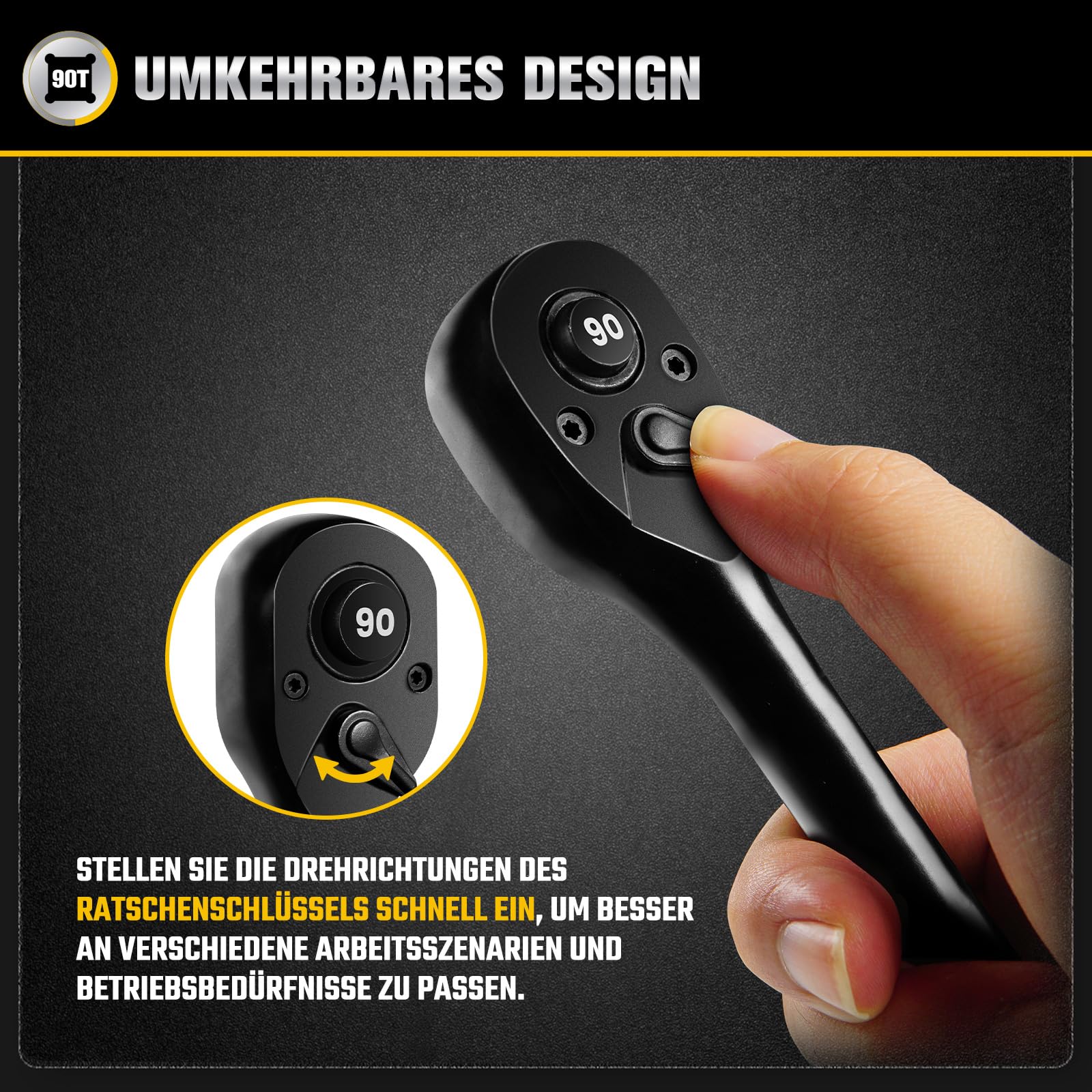 3-tlg. Umschaltknarre 1/4 zoll, 3/8 zoll, 1/2 zoll Antrieb Ratsche Knarre, 90 Zähne Ratschenschlüssel Ratschenset Mit Ergonomischer Griff und Schnellverschluss-Knopf
