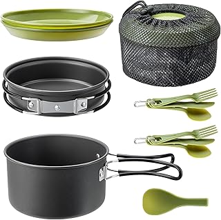 Trail Camping Cookware Set 11pc, 2 Person Outdoor Camp Cooking Kit, Non Stick Hard Anodised Aluminium, 1L Cook Pot, Frying Pan, Spatula, Plates, Cutlery Sets, Lightweight Portable Stackable with Bag