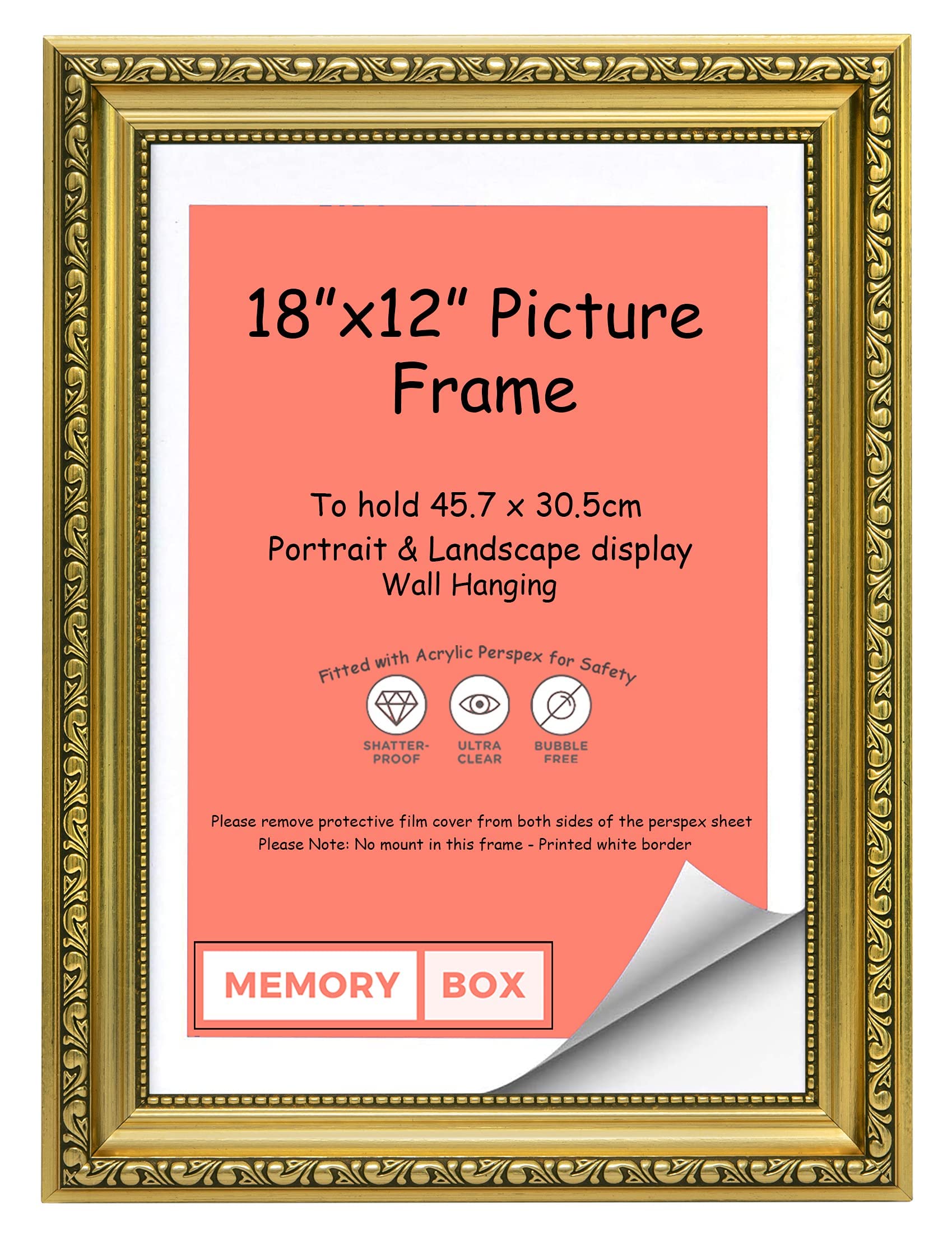Memory Box Ornate Shabby Chic Picture/Photo/Poster frame with Perspex Sheet - (45.7 x 30.5cm) Gold 18" x 12"