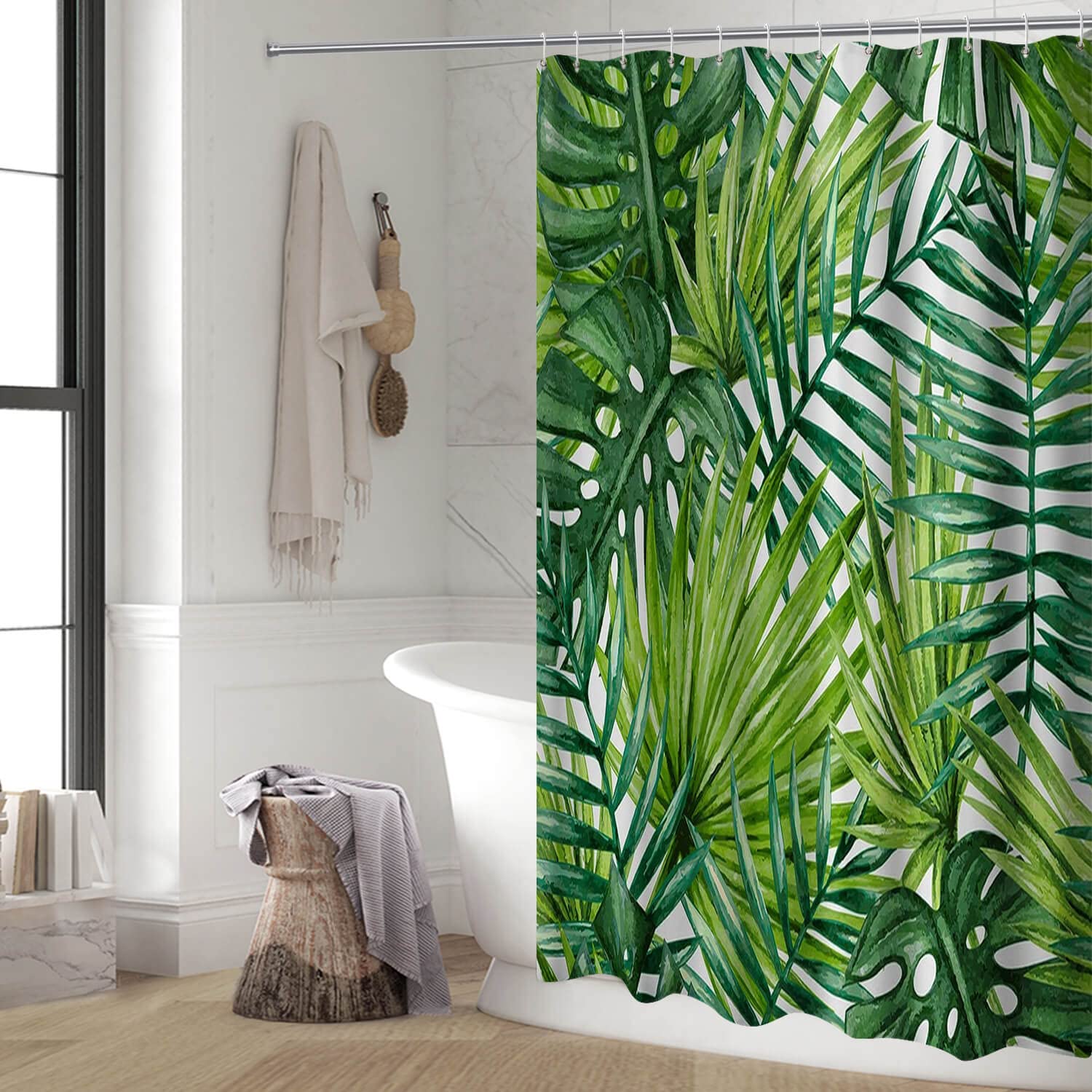 Rideau De Douche Motif Feuilles De Palmier Tropical - 180x210 Cm, Polyester, Lavable Machine, Crochets Inclus