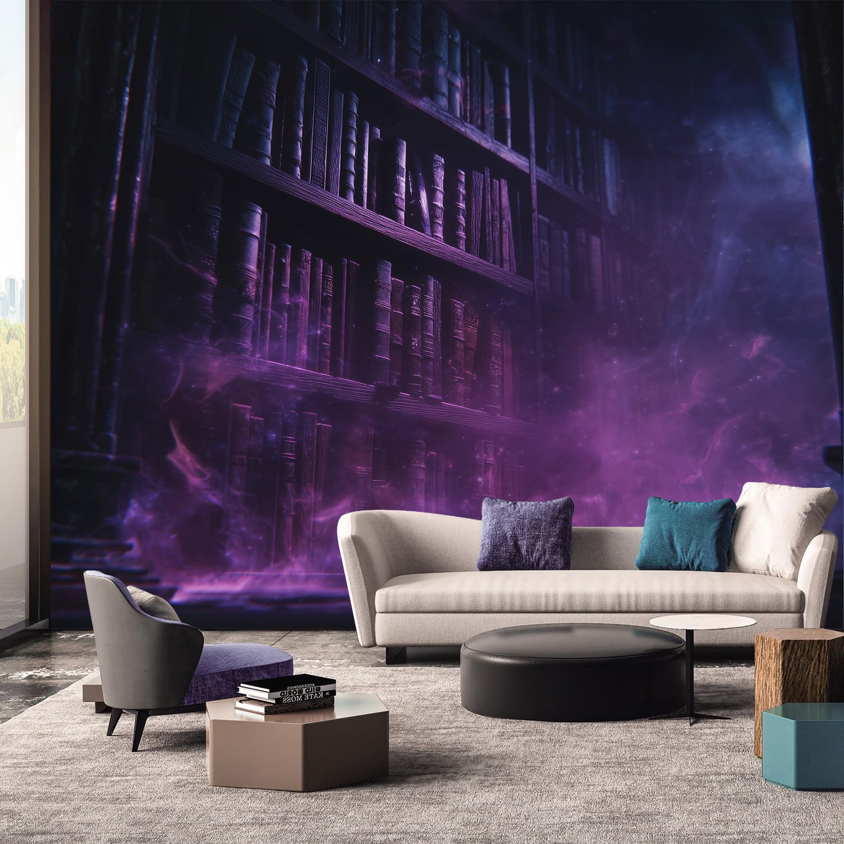 Library Wallpaper, Purple Fantasy Magic Book Wallpaper Murals, Library Room Decor Wall Art for Bedroom Kitchen Living Room 150L x 100W cm