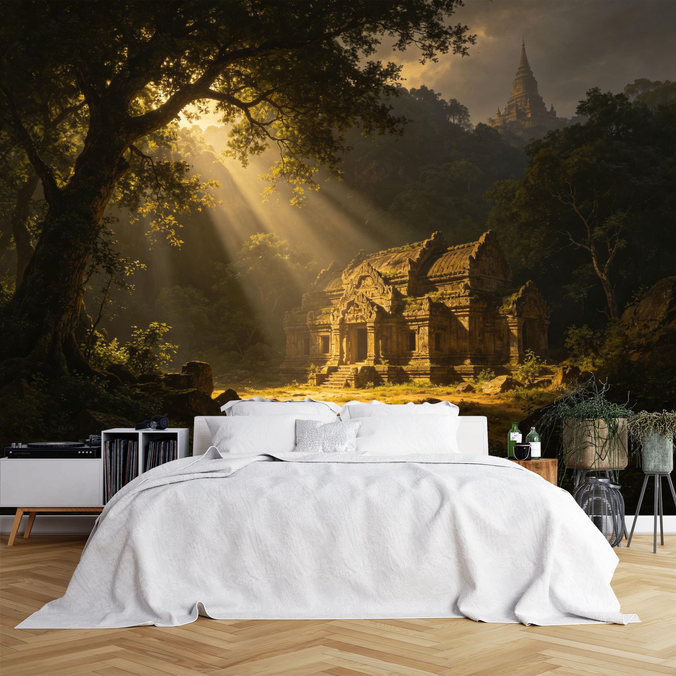 Custom Size Wall Murals Ancient Temple in Sunlit Misty Forest Wallpaper, HD Self-Adhesive Removable Wallpaper for Living Room, Bedroom