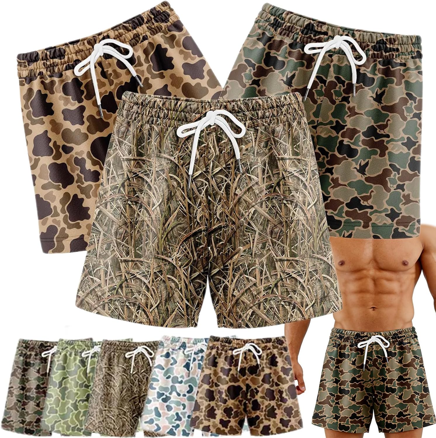 Pack 3 Duck Hunting Camo Shorts - 5 Inch Inseam Camo Mesh Design, Daily Wear Mesh Outdoor Men Women