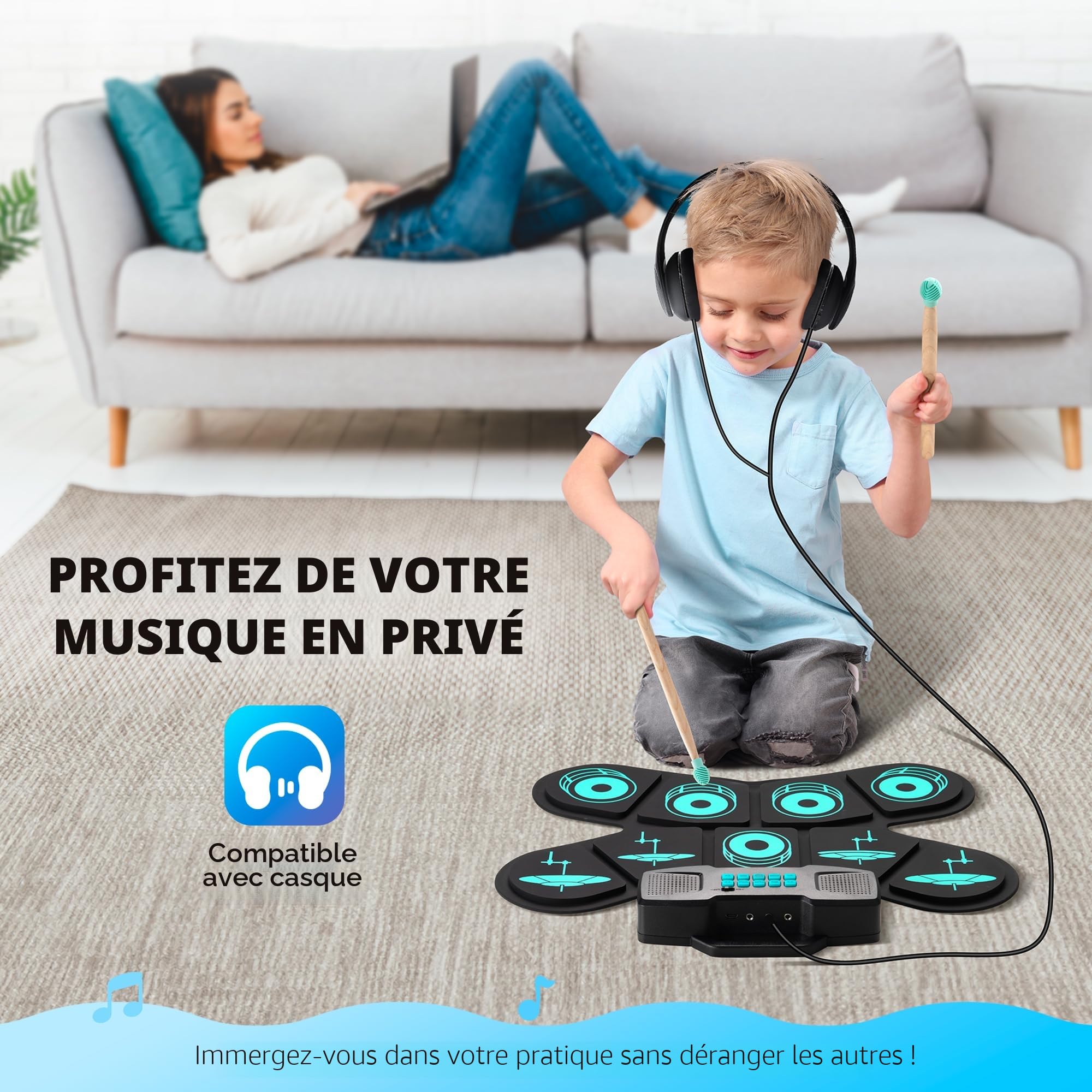 CAHAYA Kit Batterie Électronique Portable: 9 Pads Enroulables, Haut-Parleur Intégré, Compatible MIDI, Baguettes et Pédales, Bleu