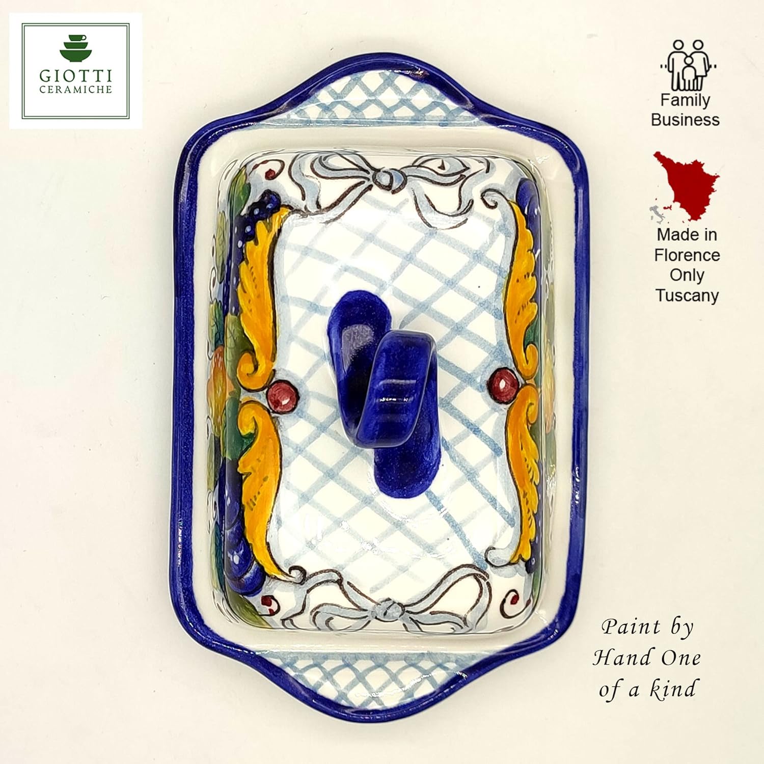 Italian Ceramic Butter dish with lid Medici Design - 8'x 5' Hand Painted Butter Keeper - Made in ITALY Tuscany - Italian Pottery Butter holder - Home Decor Ceramics butter dishes with covers