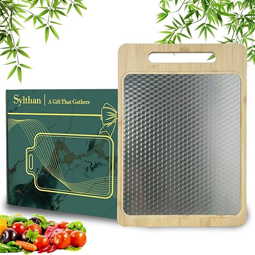 Premium Bamboo&Stainless Steel Cutting Board Double Sided withJuice Groove Perfect for Bread, Meats, and Veggies, 15”×11”Wooden Chopping Boards for Kitchen,Ideal Gift for Food Lovers(Large)