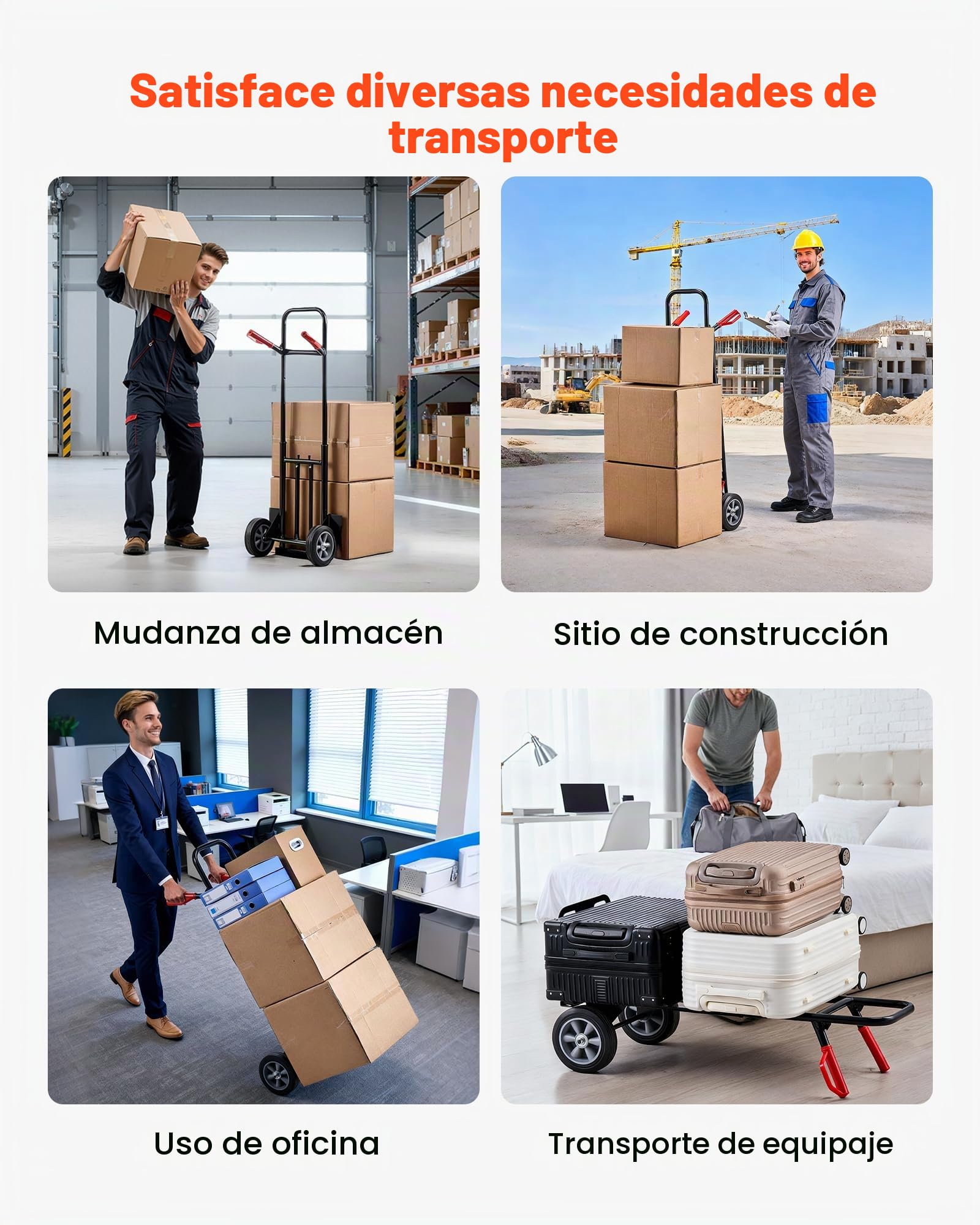 VEVOR Carretilla de Mano Móvil, Carga 272,1 kg, Portátil, Acero de Aleación, con Ruedas, Asa Telescópica y Correa de Amarre, para Uso en Casa, Oficina, Almacén y Supermercado, 48 x 46 x 120 cm