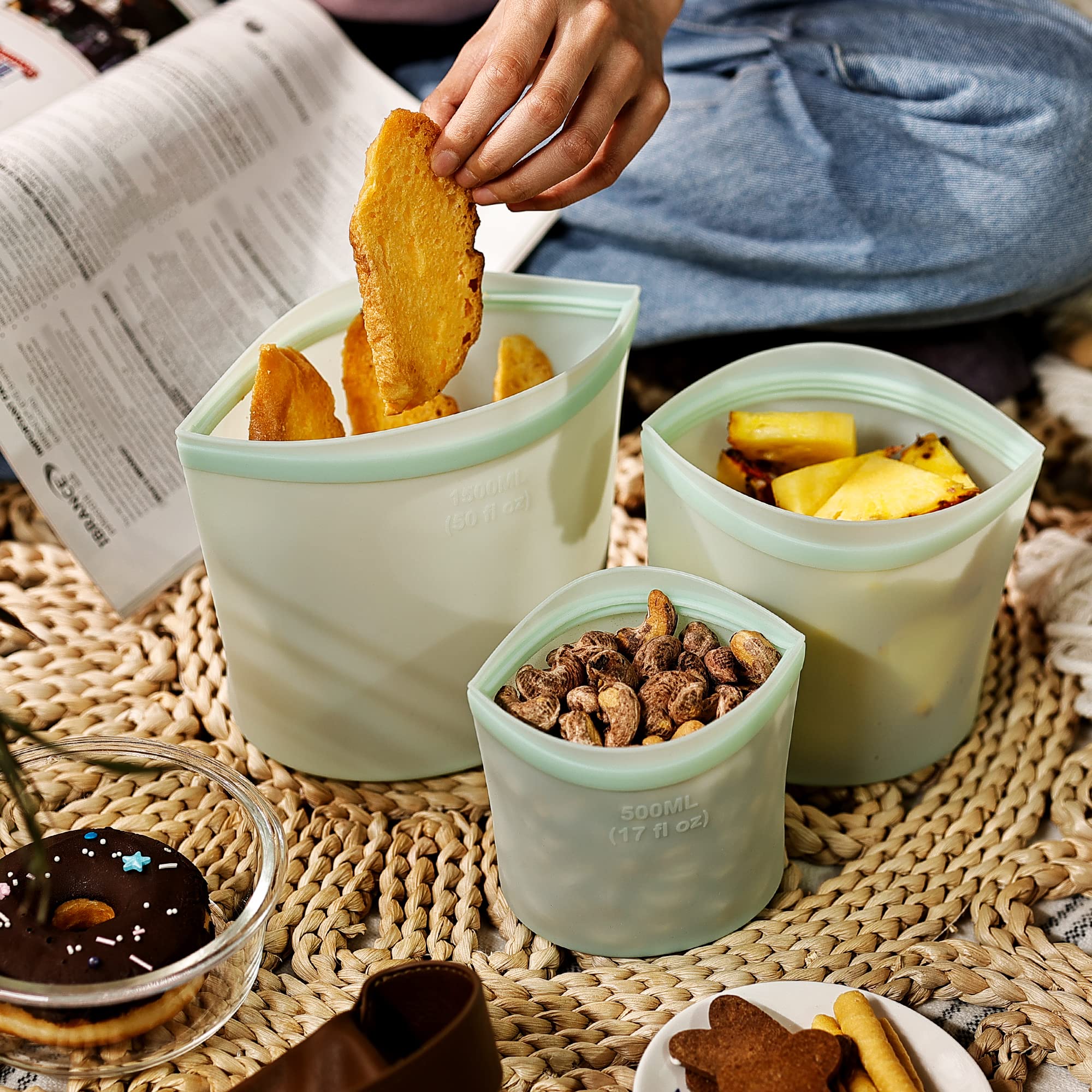 Paquete de 3 bolsas de silicona reutilizables con cremallera, material de silicona hermético para marinar carne, aperitivos y almacenamiento de alimentos (verde)