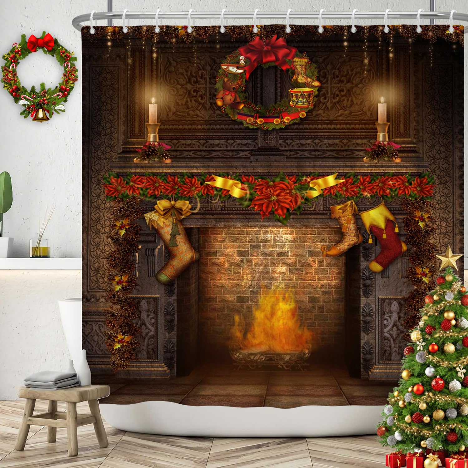 SDOTPMT 122x183cm Christmas Fireplace Shower Curtain Merry Christmas Exquisite Socks Gift Bath Curtain Vintage Brown Brick Wall Winter Holiday Curtain for Bathroom Fabric Polyester with Hooks