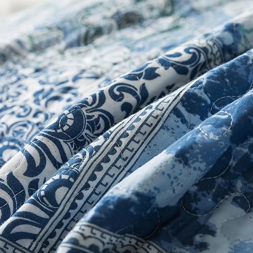 Miniatura 8 de NEWLAKE - Juego de colcha de algodón - Juego de cubrecama reversible con diseño de patchwork, patrón bohemio clásico - California king, azul