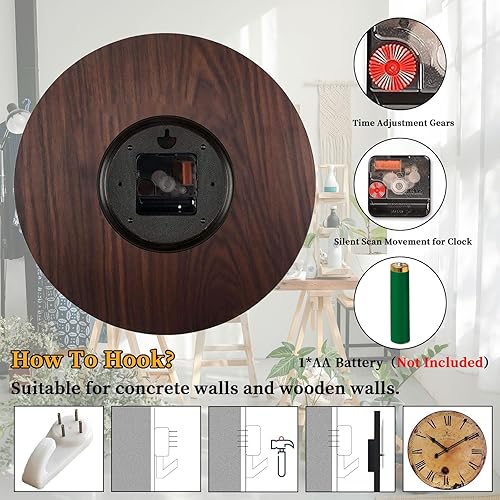 Miniatura 3 de Reloj de pared rústico grande, silencioso, funciona con pilas, para sala de estar, estilo vintage, de 24 pulgadas, sin tictac, para cocina,
