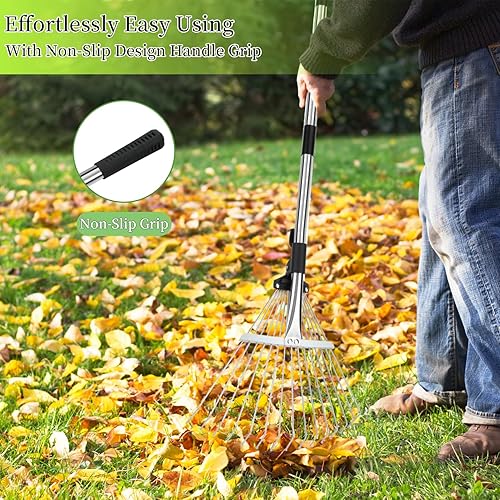 Miniatura 6 de Rastrillo resistente de 68 pulgadas, rastrillo de hojas de metal con mango desmontable, rastrillos de jardín para hojas con púas expandibles,