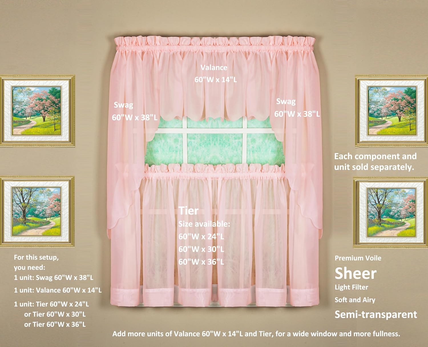 Today's Curtain Emelia Original Voile Swag Pair 38", Rose, 60" W x 38" L