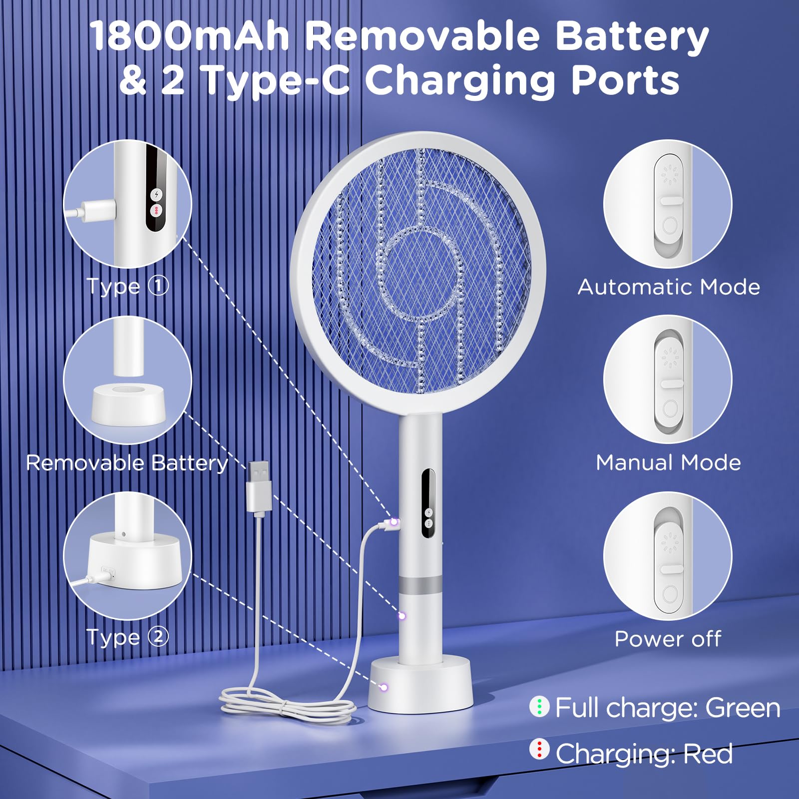2in1 Racchetta Zanzare Elettrica,4000V Racchetta Mosche Elettrica,1800mAh Racchetta Antizanzare,Base di Ricarica USB,Protezione Maglia a 3 Strati,Racchetta Elettrica per Casa Interni e Esterni