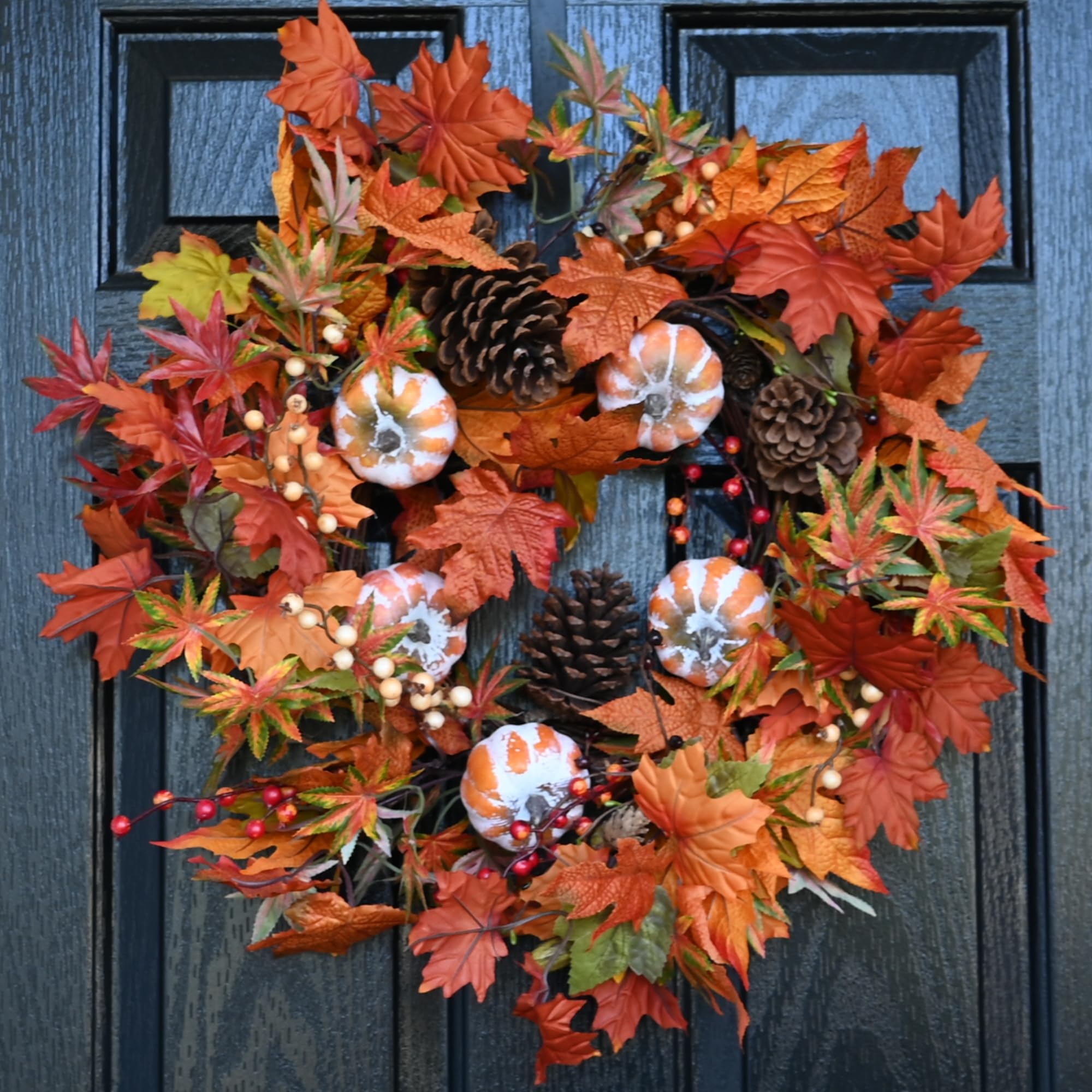 Fall Wreaths for Front Door, Autumn Large Pumbkin Wreath with Berry,Maple Leaves and Pine Cone,Thanksgiving Harvest Festival Wreaths Indoor and Outdoor Wall, Window,Home Door Decor