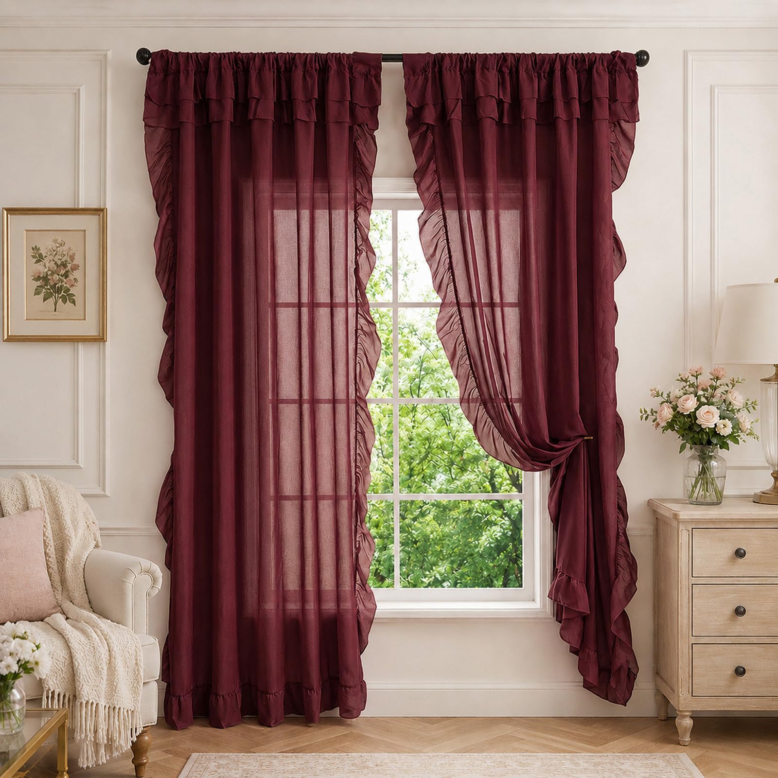 SSWH Voile Curtain, Rod Pocket Sheer Curtains for Bedroom, Ruffle Solid Color Voile Net Curtains for Windows Living Room(Size:100x130cm/W 39" x L 51" (2 Panels),Color:Burgundy)