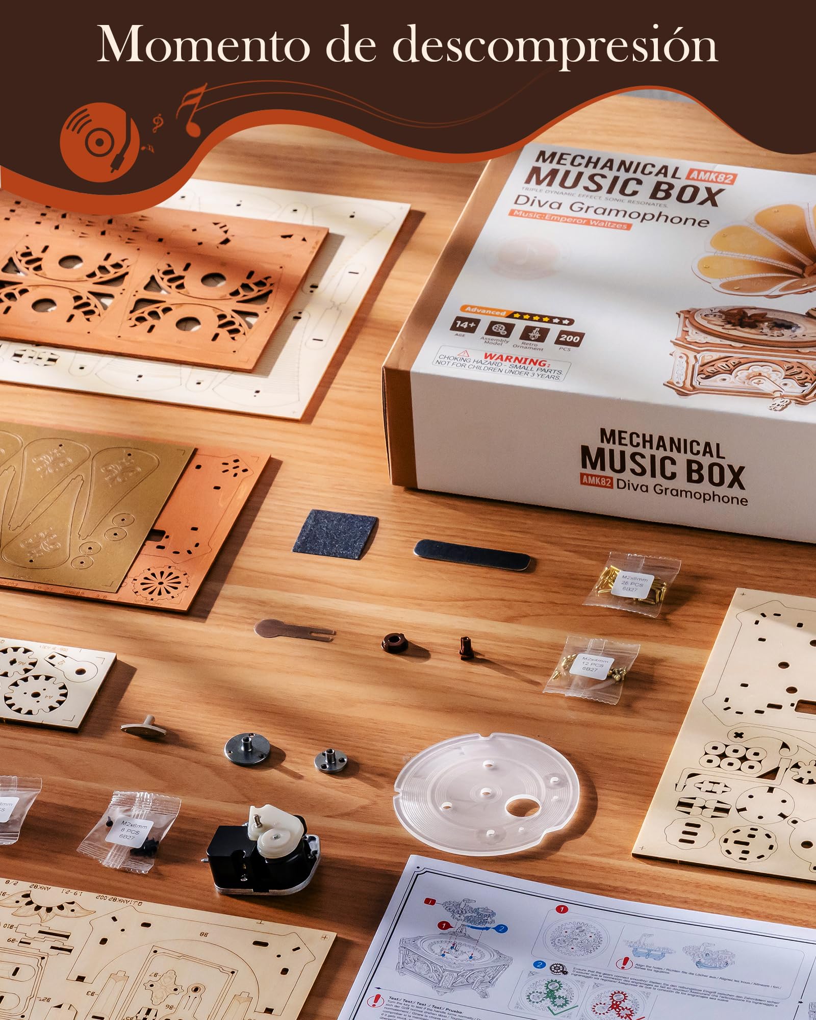 Robotime - Rompecabezas 3D de madera con caja de música de gramófono de bricolaje para adultos, kit de modelo mecánico vintage con movimiento impulsado por engranajes, caja de música de manivela