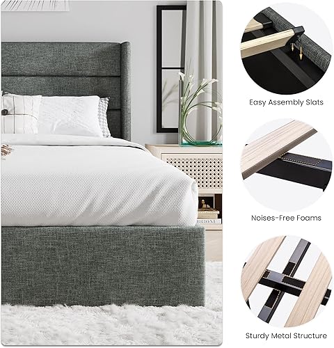 Miniatura 32 de SHA CERLIN Cama de Almacenamiento Elevable Tamaño King/Tapizada en Terciopelo/Cabecera Moderna con Respaldo de Ala/Marco de Cama Plataforma