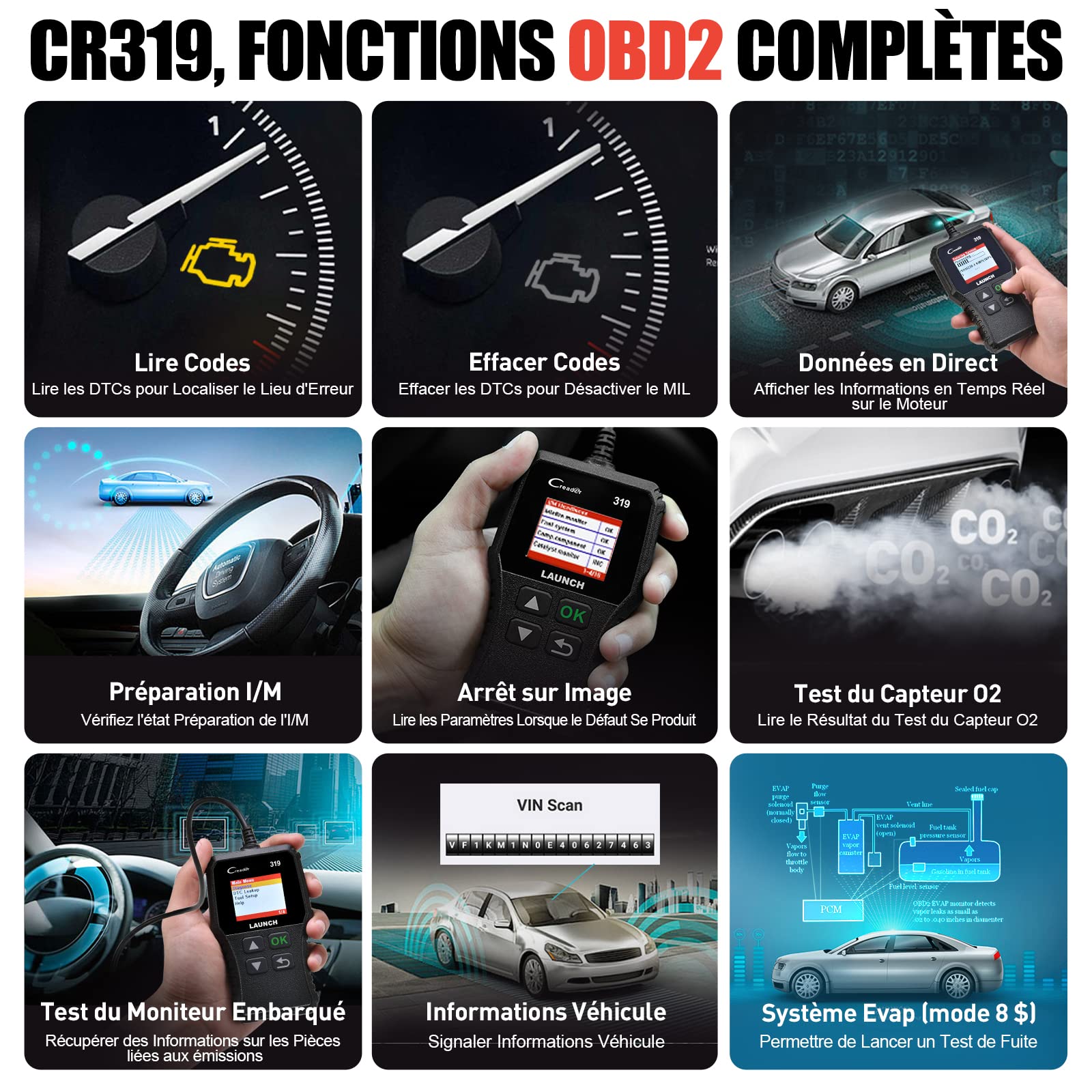Launch CR319 OBD2 Lecteur de Code d’Erreur du Moteur avec Test d'EVAP / du Sonde O2, Outil de Diagnostic Auto avec Recherche DTC pour Effacer le Voyant MIL du Moteur