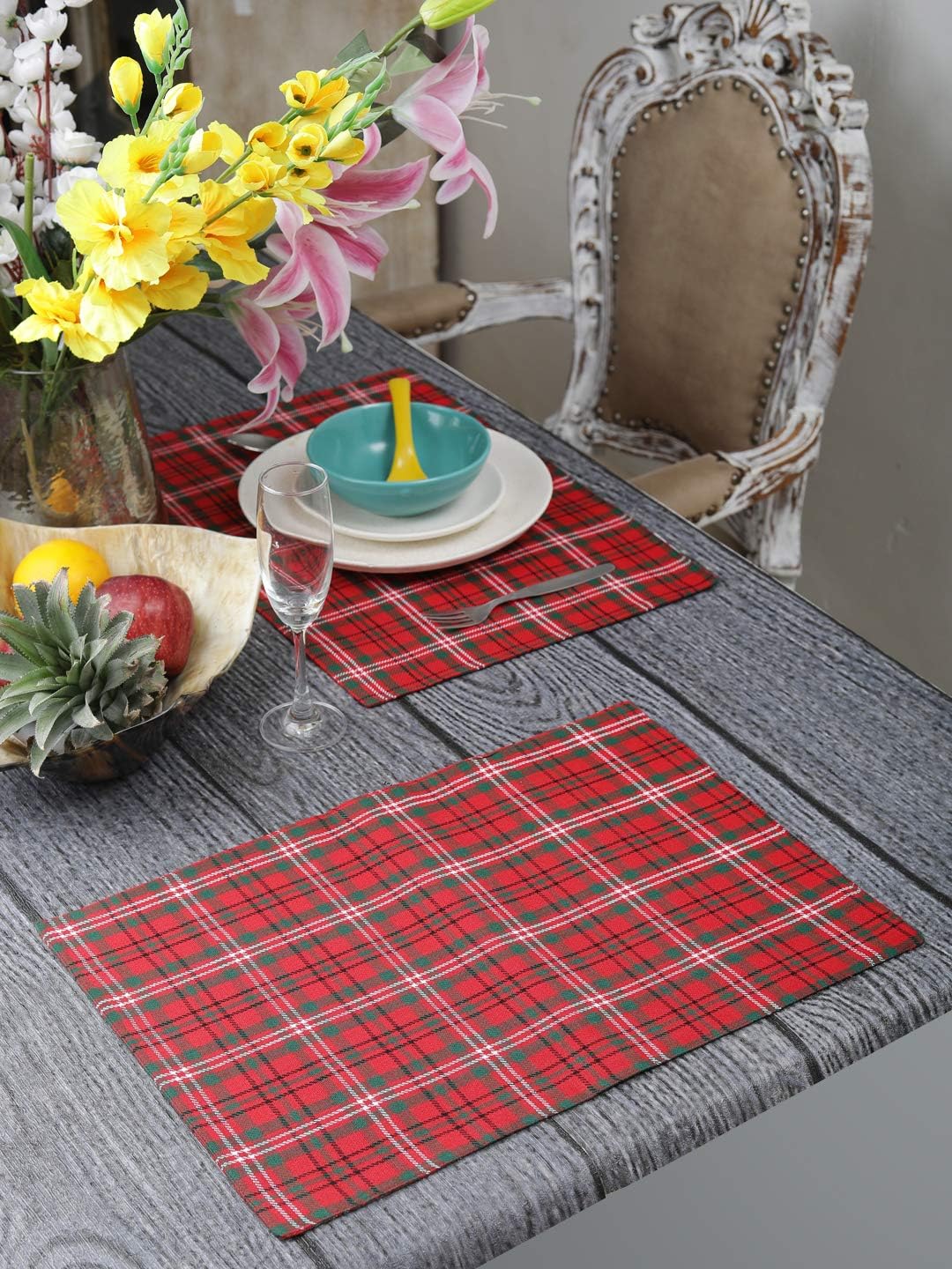 DG Collections Cotton Placemats, Set of 4, Double Sided Placemats (13 X 19 Inch), Red & Green Plaid - Perfect for Thanks Giving, Christmas, Spring, Summer, Holidays - Christmas and for Everyday Use
