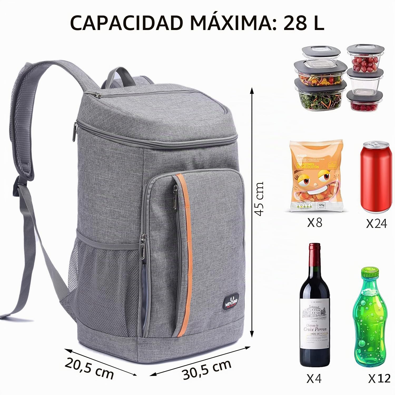 28L Mochila de Refrigeración,Mochila Nevera Bolsa Térmica Porta Alimentos Mochila Grande Suave para la Playa/Picnic/Barbacoa/Camping/Fiesta（Gris）