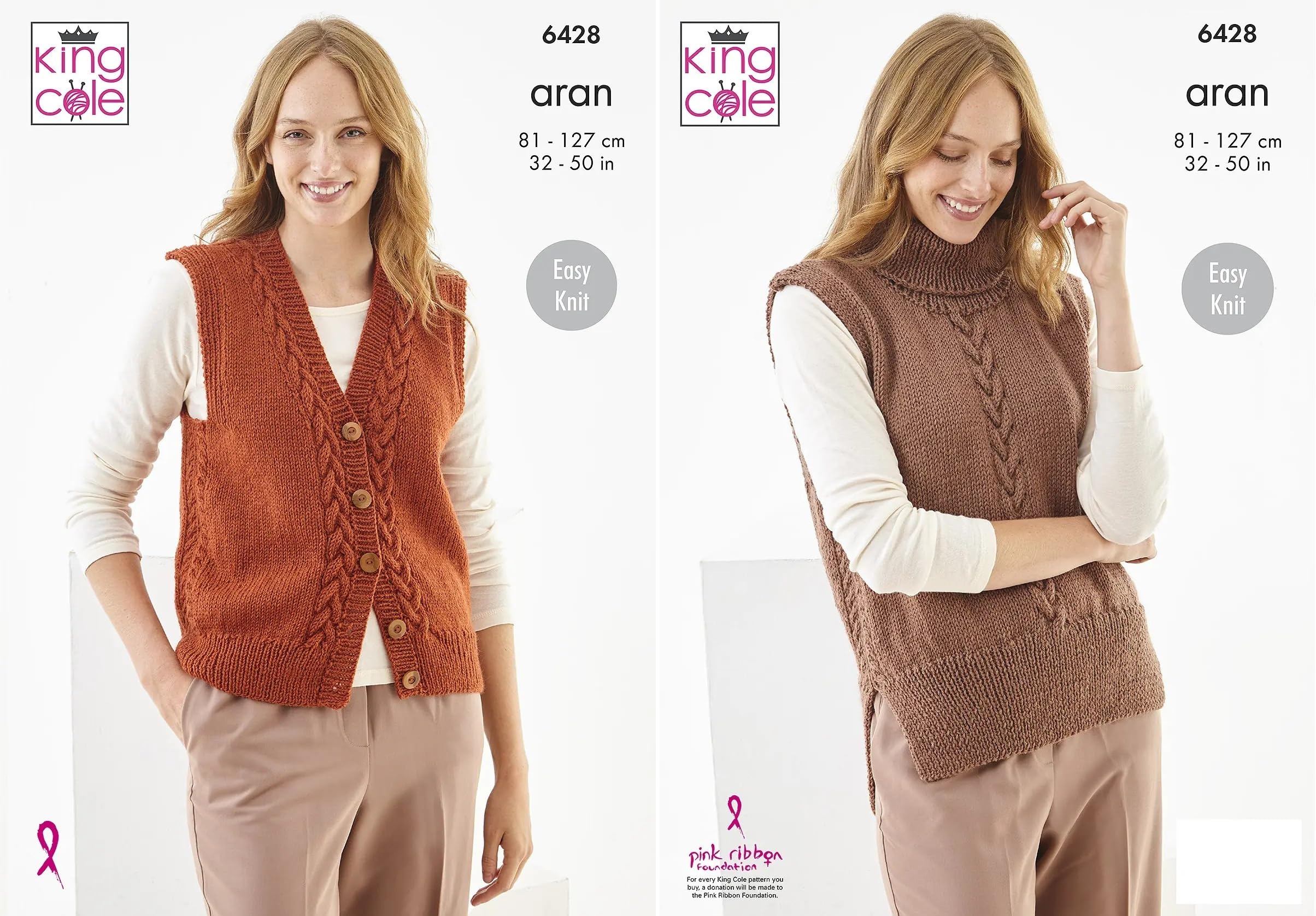 Knitting Pattern Aran Womens Cable Slip Over & Waistcoat King Cole 6428