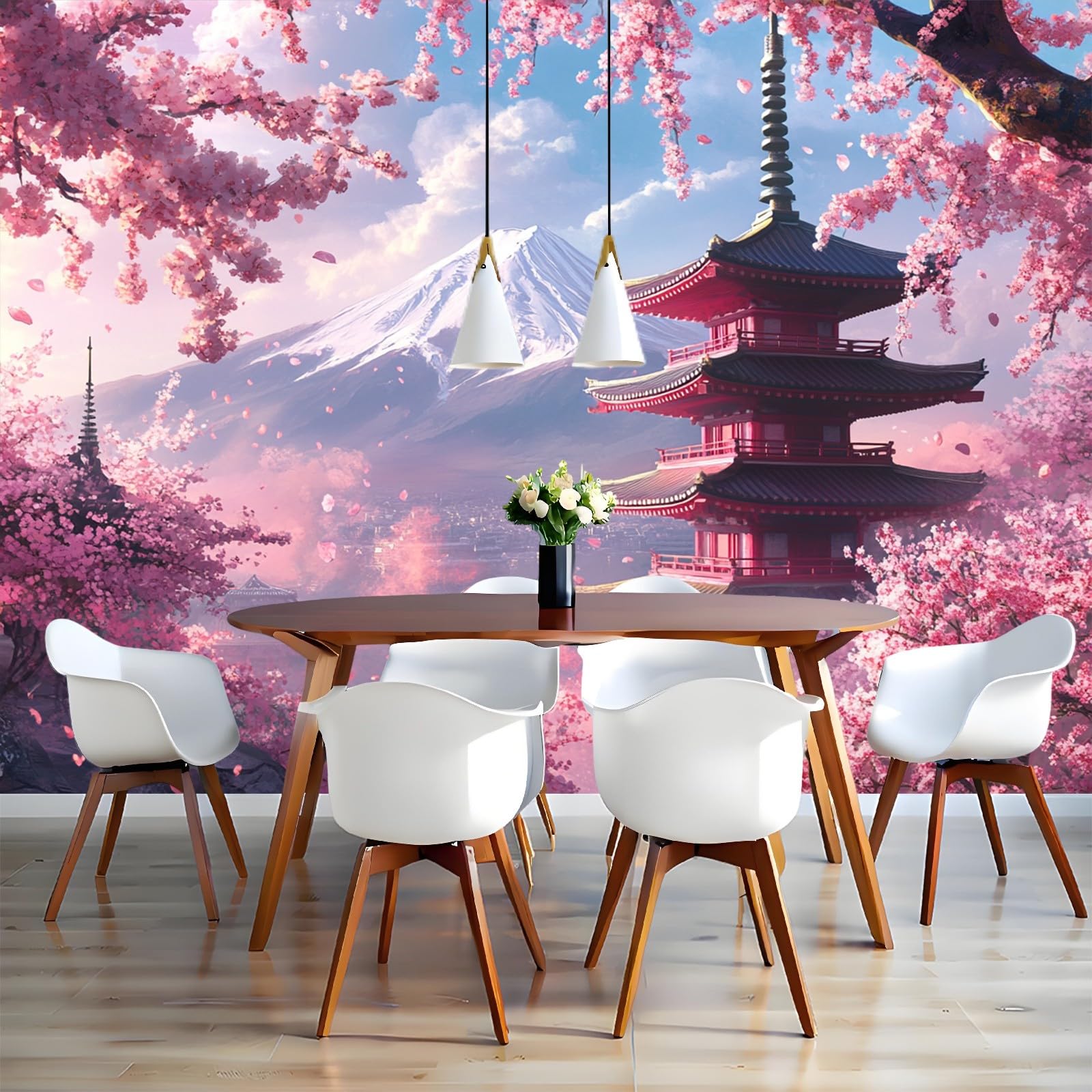 Fototapete Japanischer Kirschblütenturm 3D Effekt Vliestapete 350 x 256 cm Rosa Wandtapete Wandbild für Wohnzimmer Schlafzimmer TV Hintergrund
