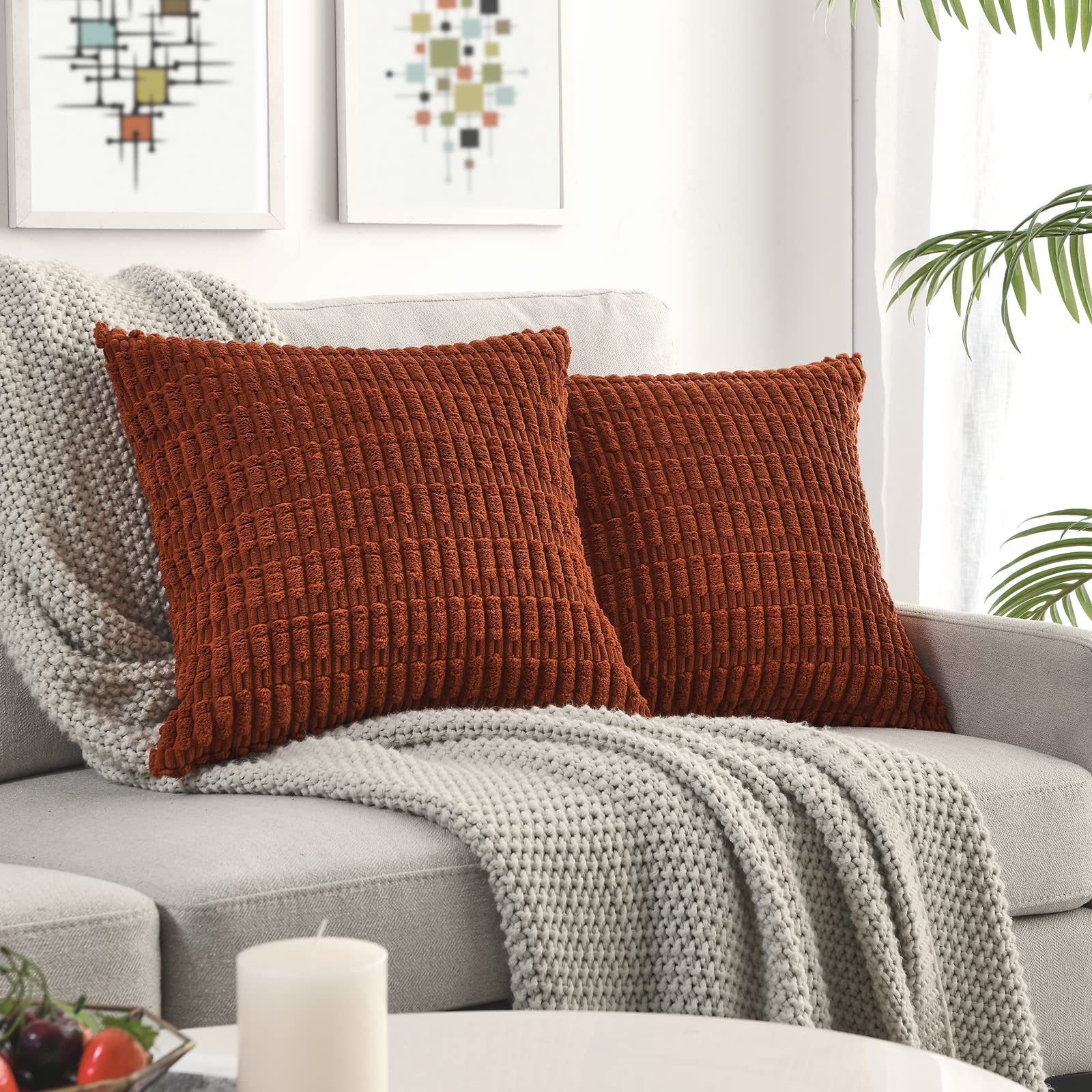 Volcanics Pack of 2 Rust Decorative Throw Pillow Covers 20x20 Inch (50x50cm), Soft Corduroy Striped Square Cushion Cases, Modern Farmhouse Boho Home Decor for Couch Bed Sofa Living Room