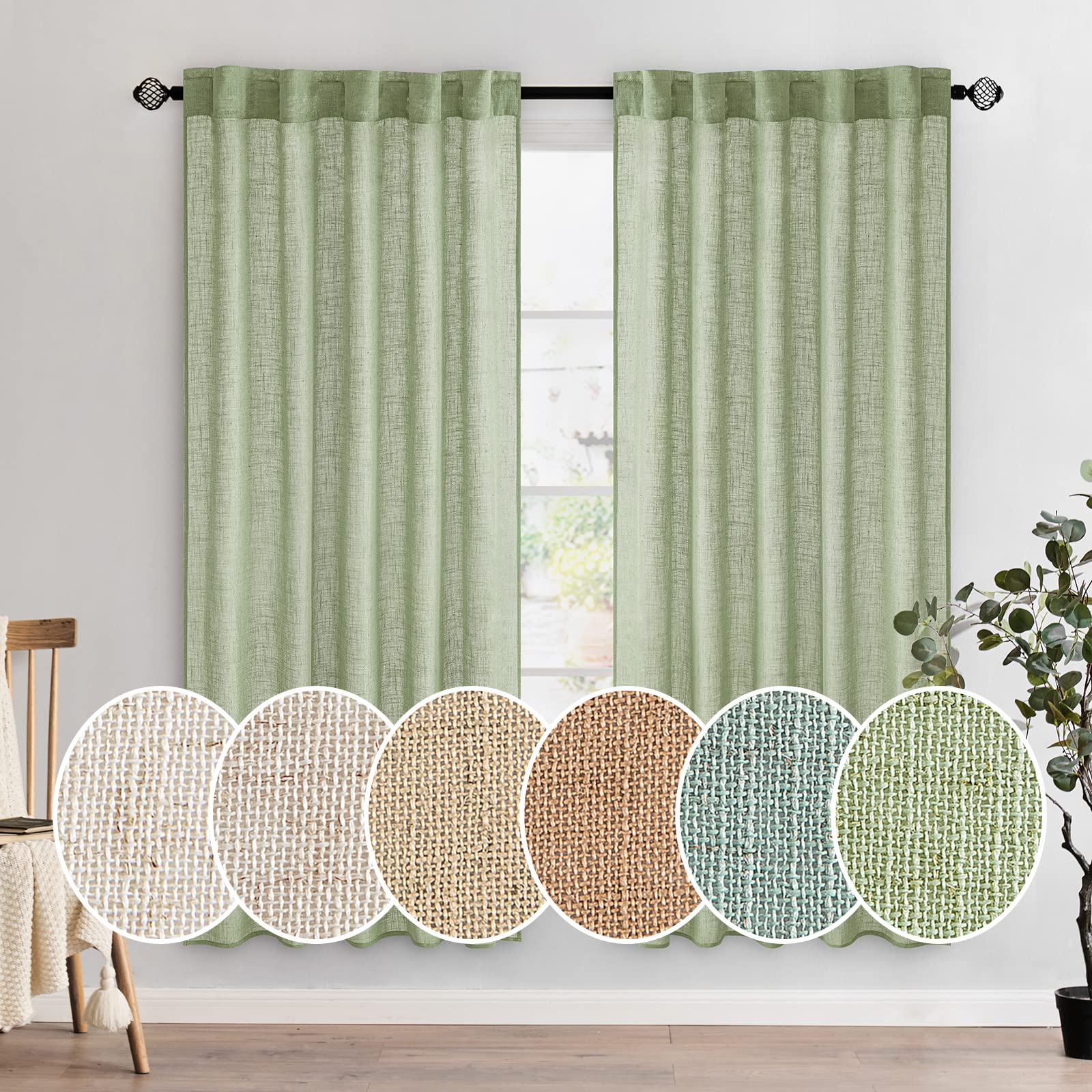 MIULEE Sage Green Linen Curtains 72 Inch Length 2 Panels for Bedroom Living Room, Soft Thick Linen Textured Window Drapes Semi Sheer Light Filtering