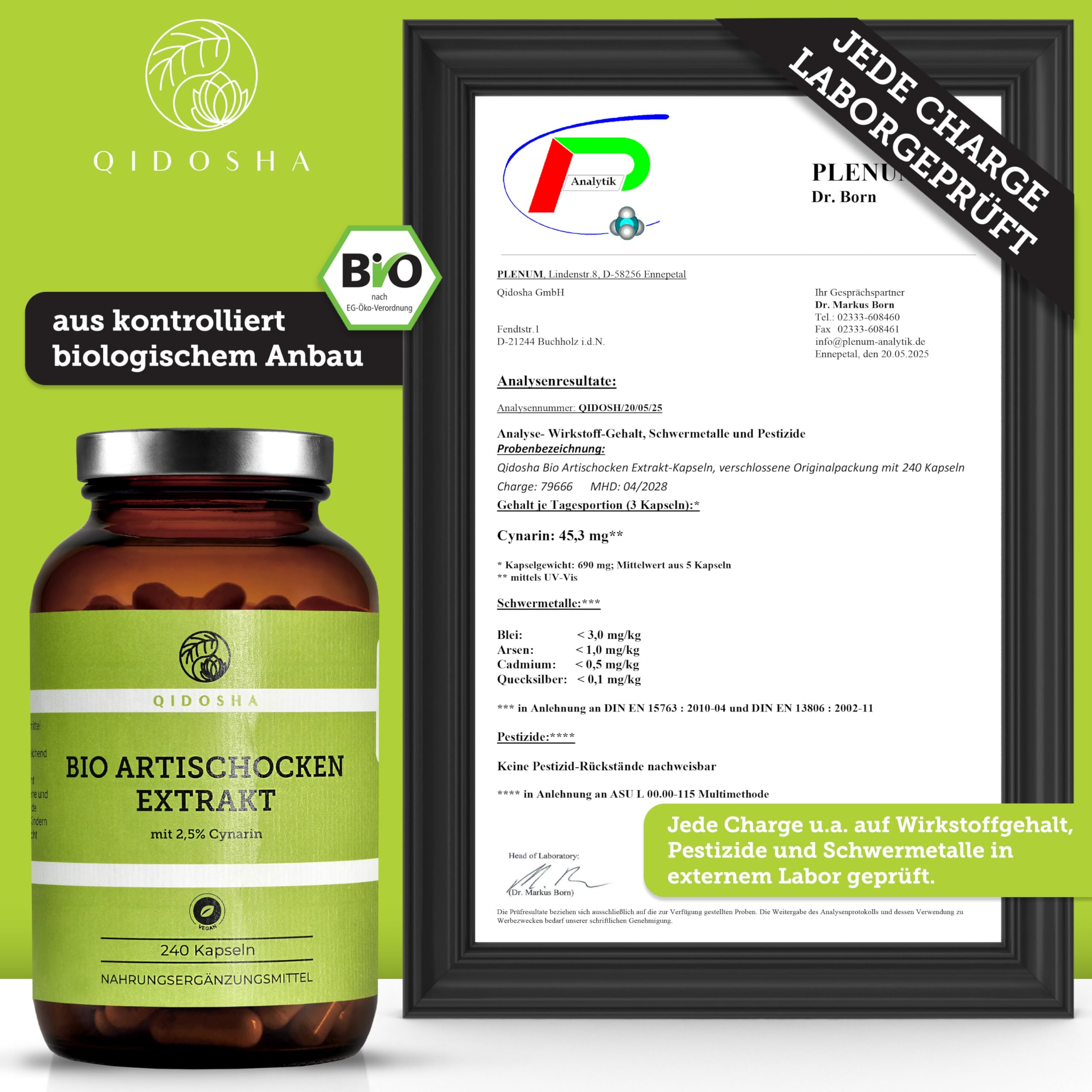 QIDOSHA® Bio Artischocken-Extrakt aus Frankreich, 240 Kapseln im Apothekerglas, 1800mg je Tagesportion, 600mg je Kapsel, mit 2,5% Cynarin, deutsche Fertigung, jede Charge laborgeprüft
