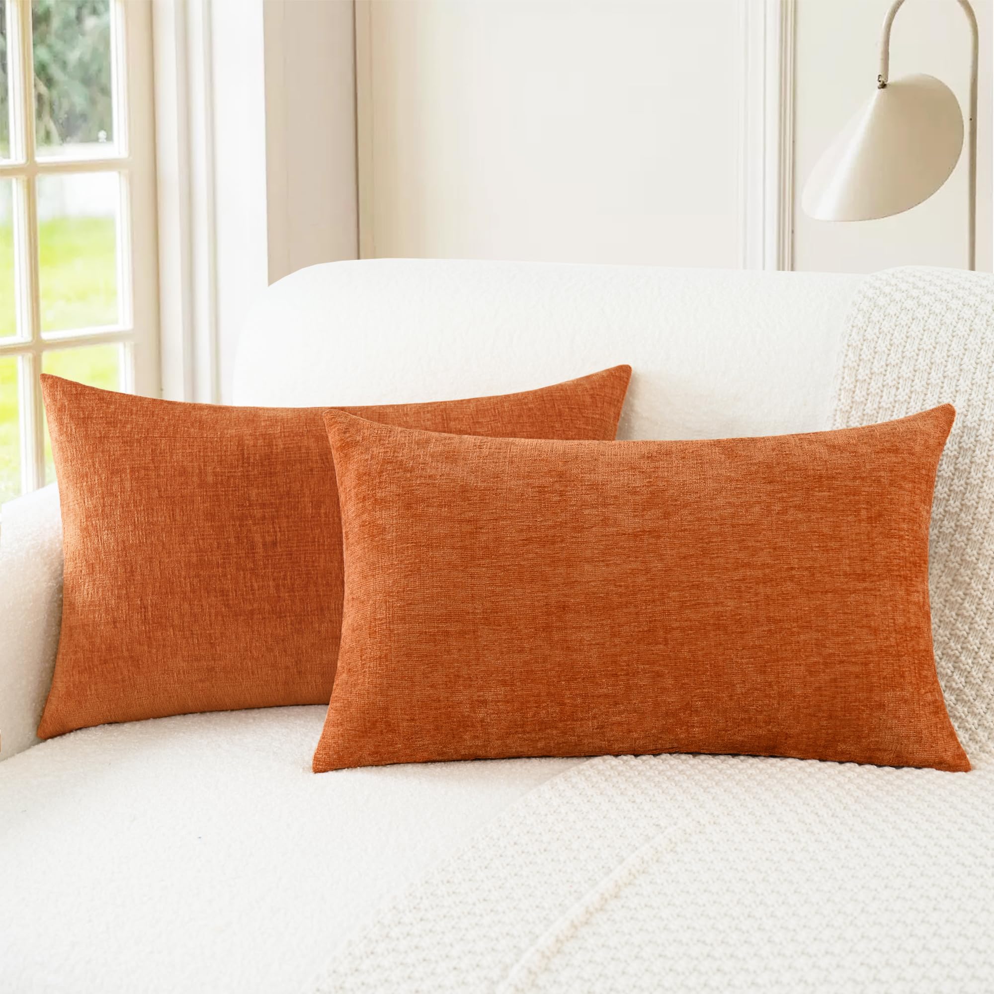 CaliTime Cushion Covers Pack of 2 Cozy Throw Pillow Covers Cases for Couch Sofa Home Decoration Solid Dyed Soft Chenille 40cm x 66cm Bright orange โ image 1