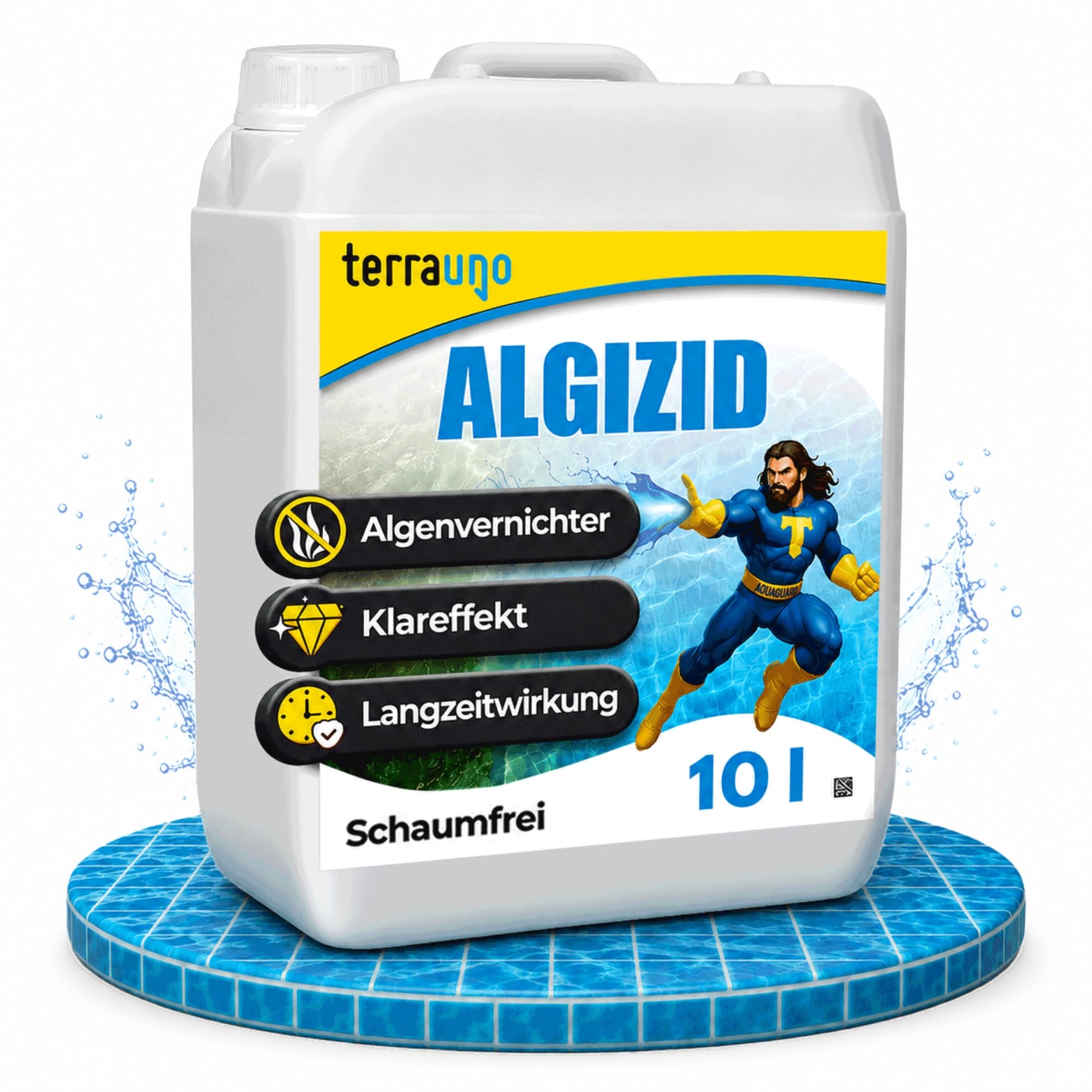 TerraUno Algizid für Pool, Algenvernichter Pool zum Schutz vor Algen, Pilzen & Bakterien, 5 L Pool Algenvernichter mit Klareffekt für sauberes und klares Badewasser