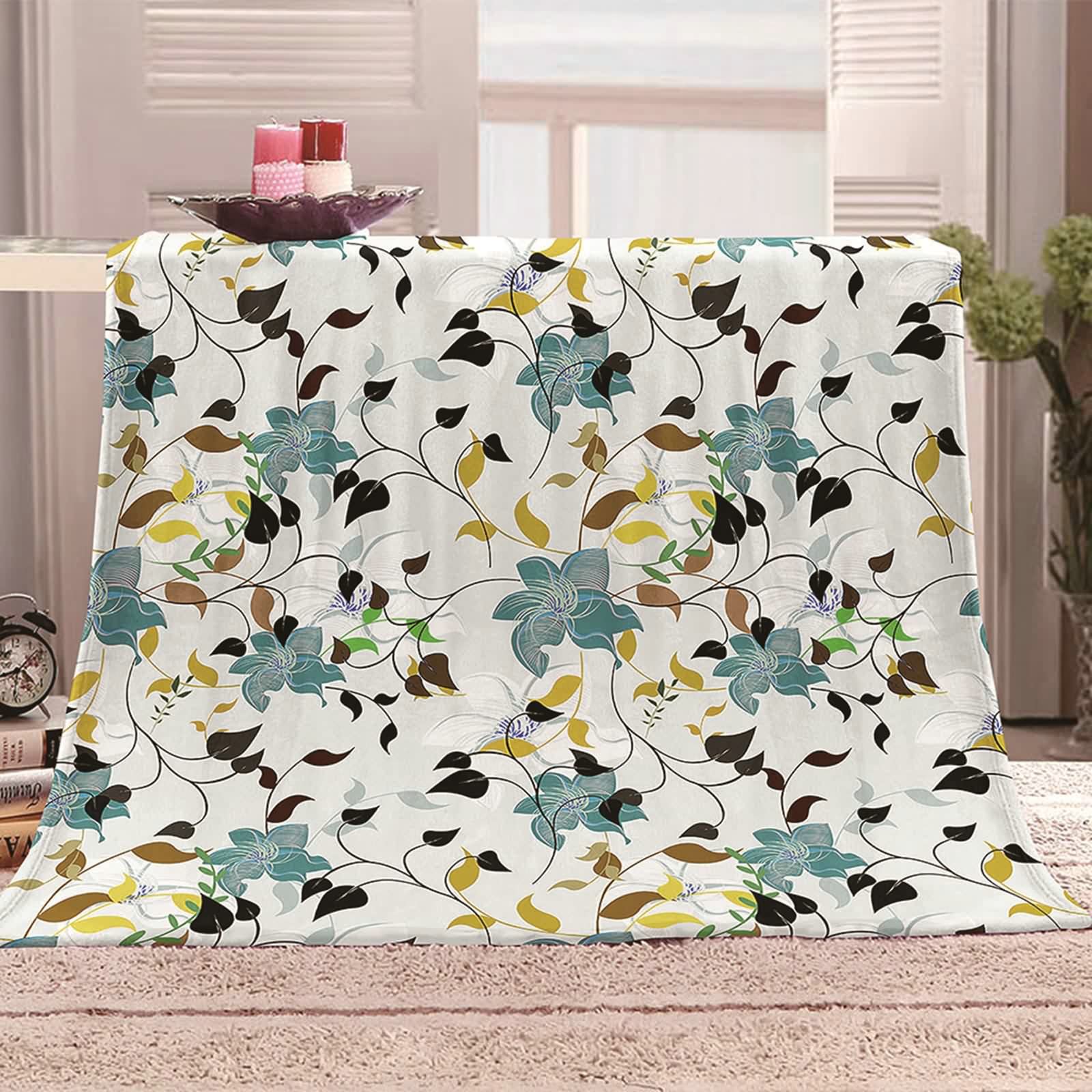 Aeici Koc polarowy, wełniany koc flanelowy 180 x 220 cm gałązki kwiatowe narzuta na sofę do salonu sofa łóżko