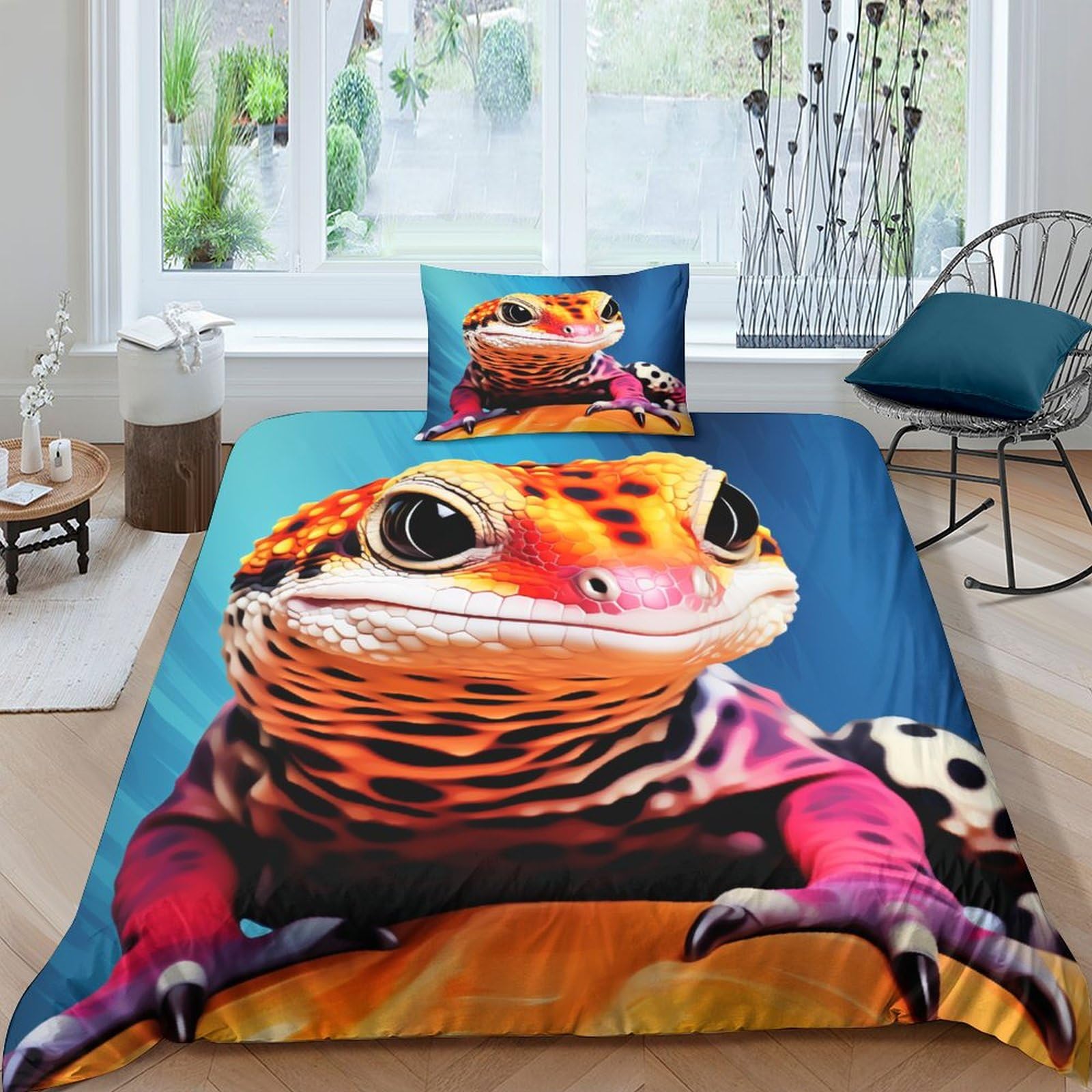 JALYKA Gecko 3D Printed Quilt Cover Set 3 Pieces Bed Duvet Set Soft Easy Care with Zipper Closure，Pillowcases for Teens And Adults Single（135x200cm）