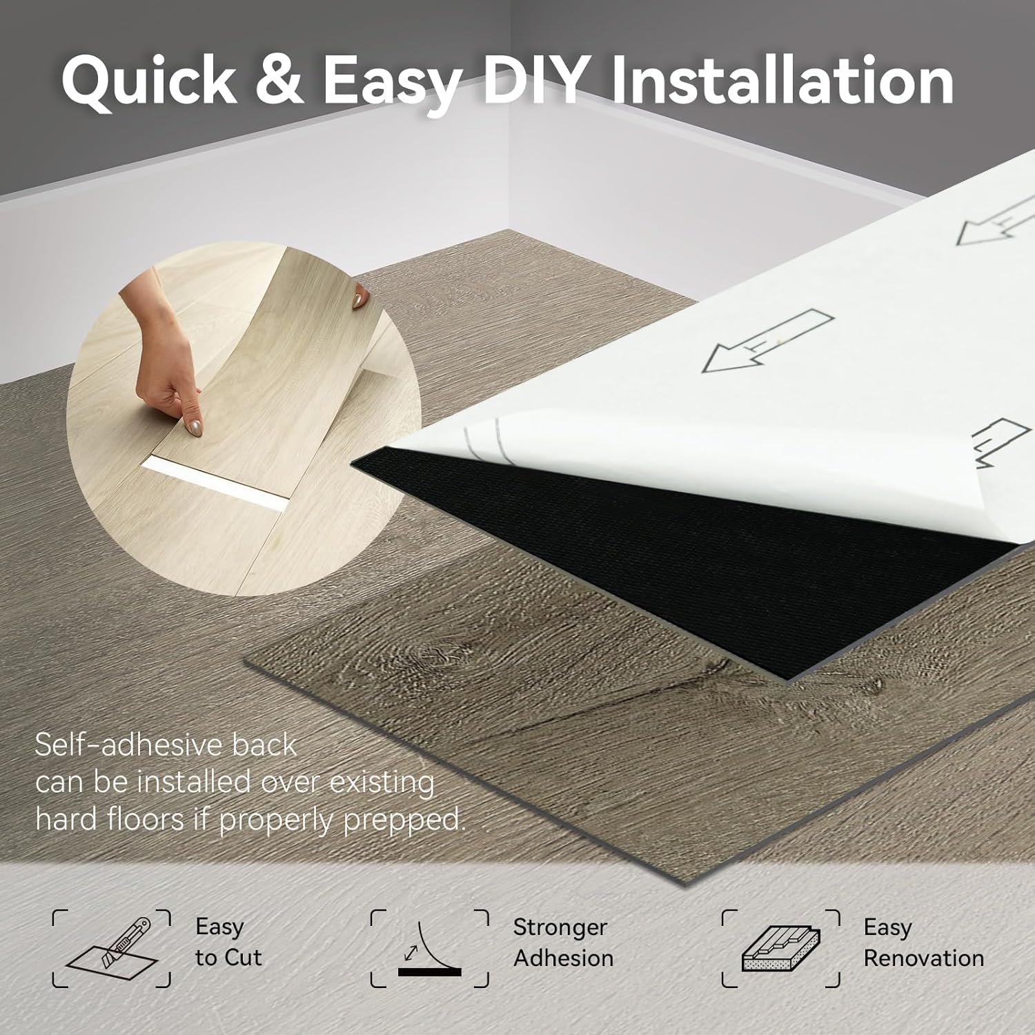 Mysflosy Peel and Stick Floor Tiles, Self-Adhesive Luxury Vinyl Flooring Plank, 6'' x 36'', 36 Pack 54 Sq.Ft, Waterproof DIY Deep Wood Grain Planks Easy to Install for Kitchen, Living Room