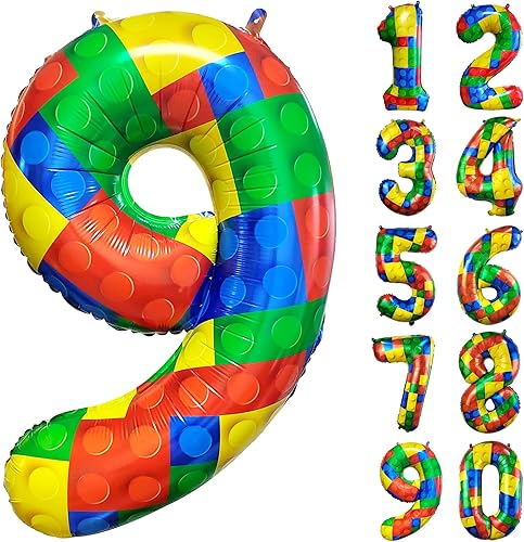 Globos de 32 pulgadas con el número 9 de bloques de construcción con temática de bloque de helio, globo grande de Mylar para niñas y niños,