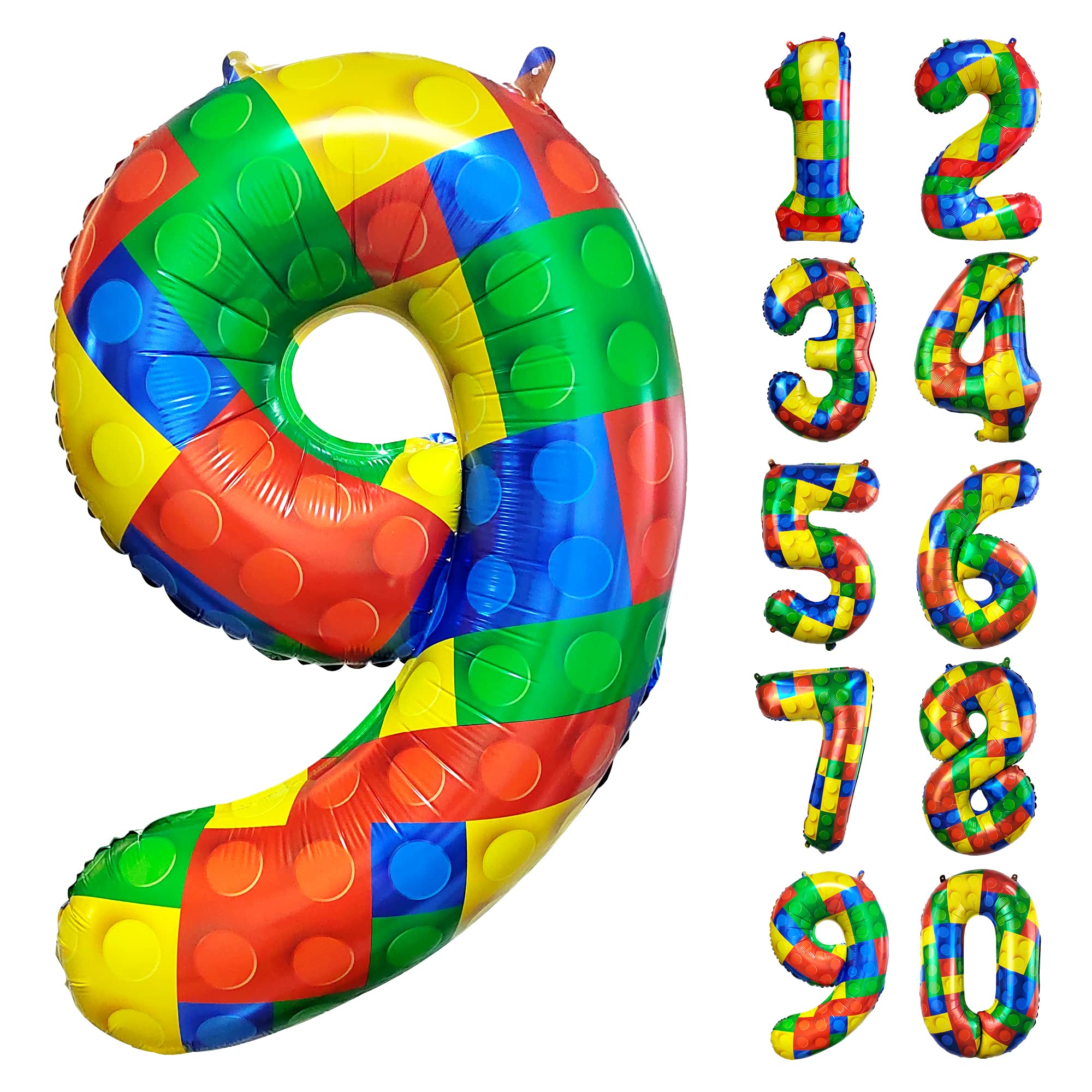 32 Inch Building Block Number 9 Balloons 9 year birthday Block Themed Large Big Helium Foil Mylar Balloon for Girls Boys 9 th Birthday Party